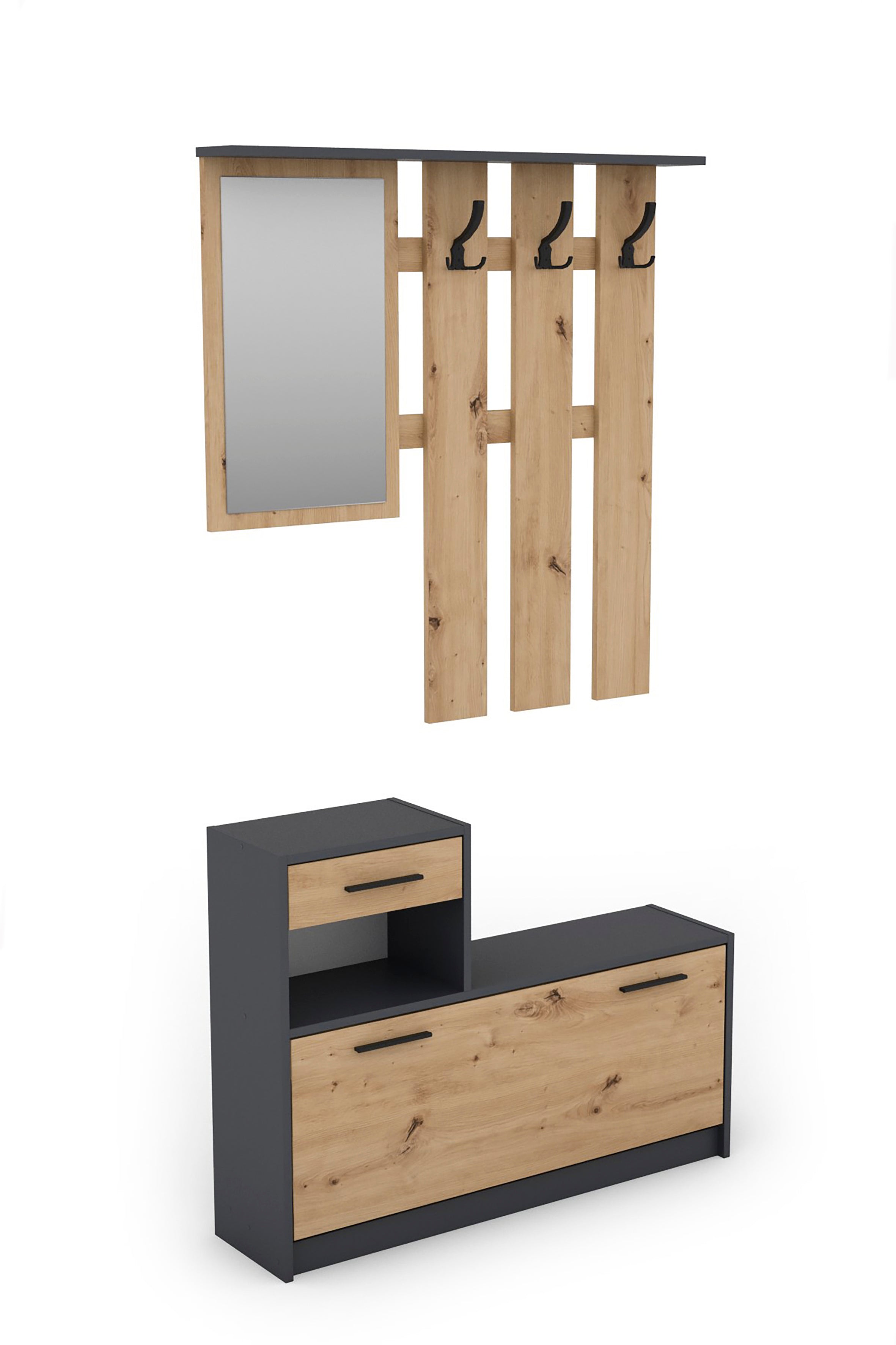 Garderoben-Set TAMINA / Kommode mit Schuhschrank + hängende Garderobe mit Spiegel / in Old Wood (Altholz-Optik), Artisan Eiche (Eiche-Optik) oder Light Atelier (Beton-Optik) / Flur-Schrank / Schränke / Regal / 100 x 190 x 25 cm (B x H x T)