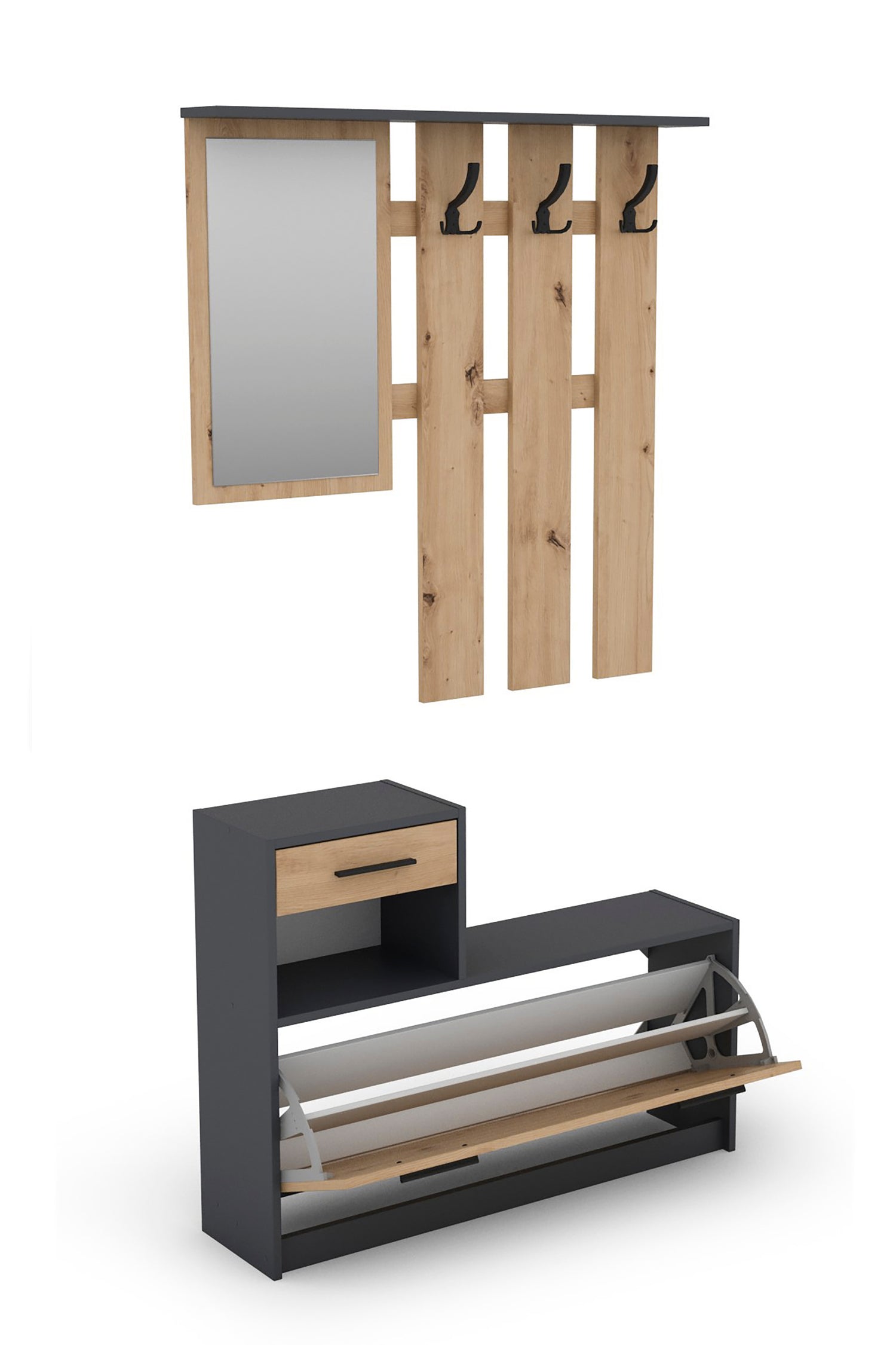 Garderoben-Set TAMINA / Kommode mit Schuhschrank + hängende Garderobe mit Spiegel / in Old Wood (Altholz-Optik), Artisan Eiche (Eiche-Optik) oder Light Atelier (Beton-Optik) / Flur-Schrank / Schränke / Regal / 100 x 190 x 25 cm (B x H x T)