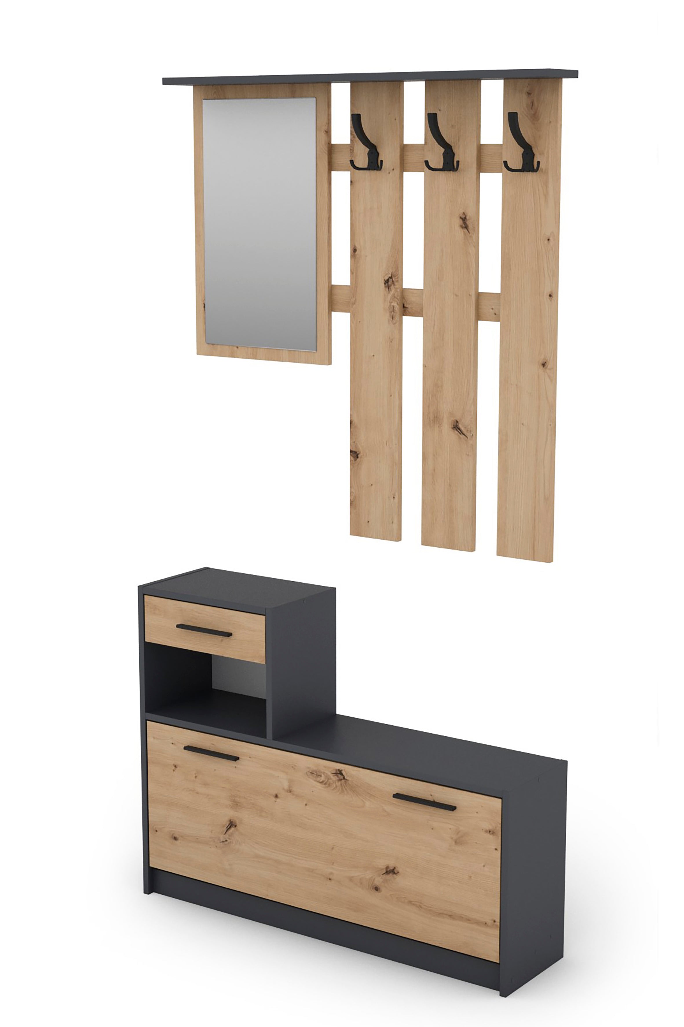 Garderoben-Set TAMINA / Kommode mit Schuhschrank + hängende Garderobe mit Spiegel / in Old Wood (Altholz-Optik), Artisan Eiche (Eiche-Optik) oder Light Atelier (Beton-Optik) / Flur-Schrank / Schränke / Regal / 100 x 190 x 25 cm (B x H x T)