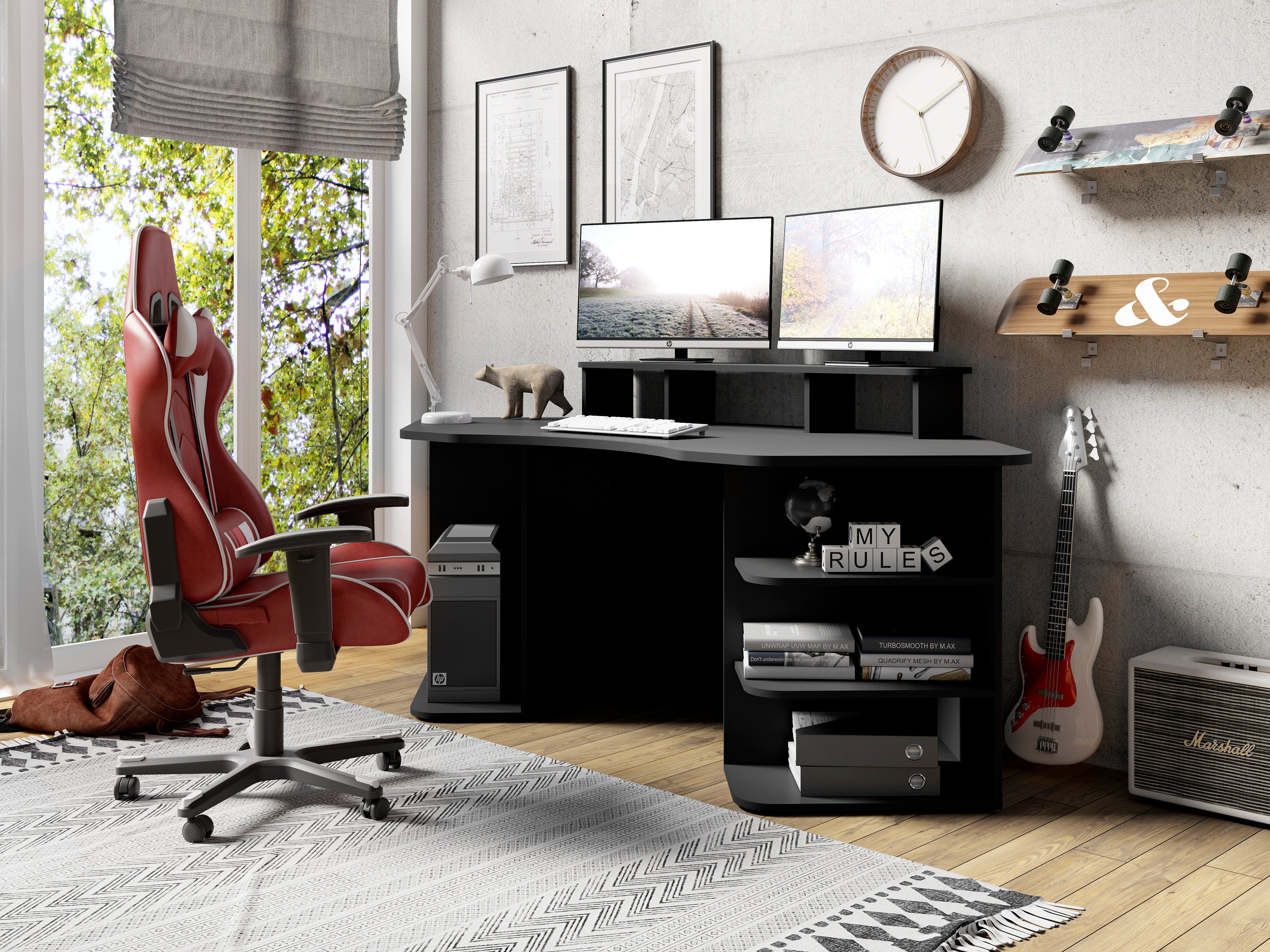 Schreibtisch THANATOS / Gaming-Tisch in Schwarz mit Kanten in rot, weiß oder schwarz / Eck-Schreibtisch mit viel Stauraum und XXL Tischplatte / Computer-Tisch / mit Ausatz / 198x76x85cm (BxHxT)