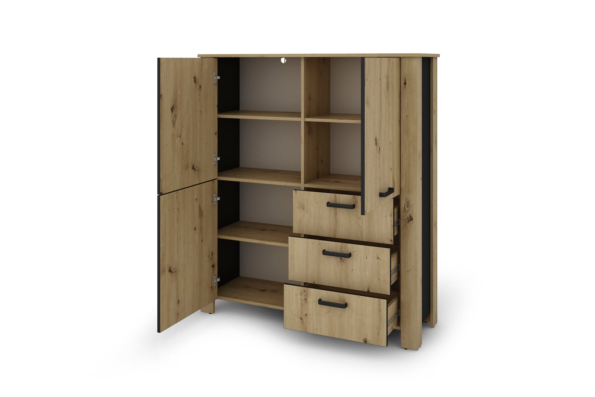 Higboard FARO / Artisan Eiche (Eiche-Optik) oder weiß, Absetzung in schwarz / Stollenoptik / 3 Türen und 3 Schubkästen / verstellbare Einlegeböden / viel Stauraum / Sideboard / Kommode / Maße: B 160, H 84, T 40 cm