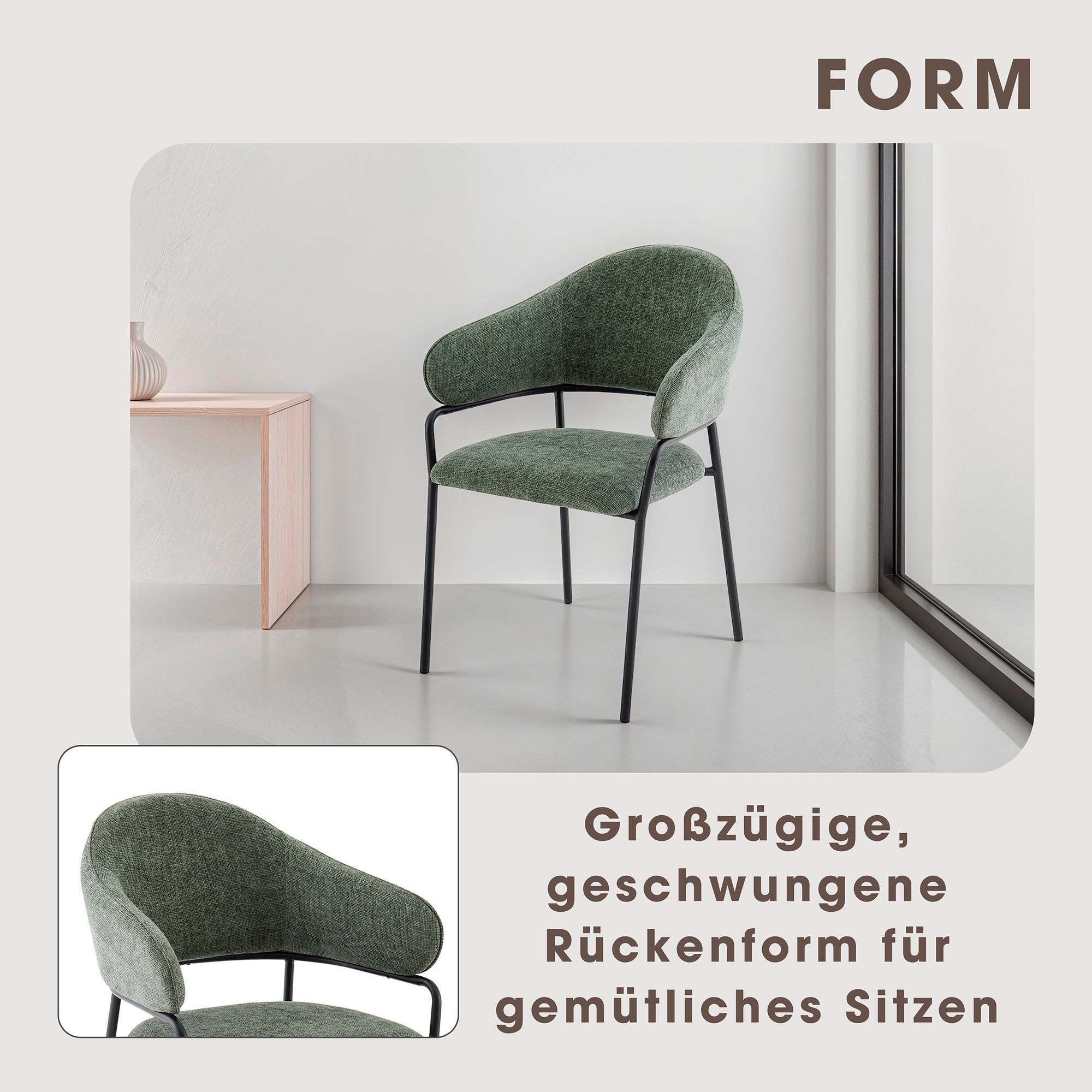 Stuhl 2-er Set CURVE / Webstoffbezug in dunkelgrau, dunkelgrün oder taupe, Gestell in schwarz / Esszimmerstuhl / Küchenstuhl / Maße: B 60 x H 86 x T 58 cm