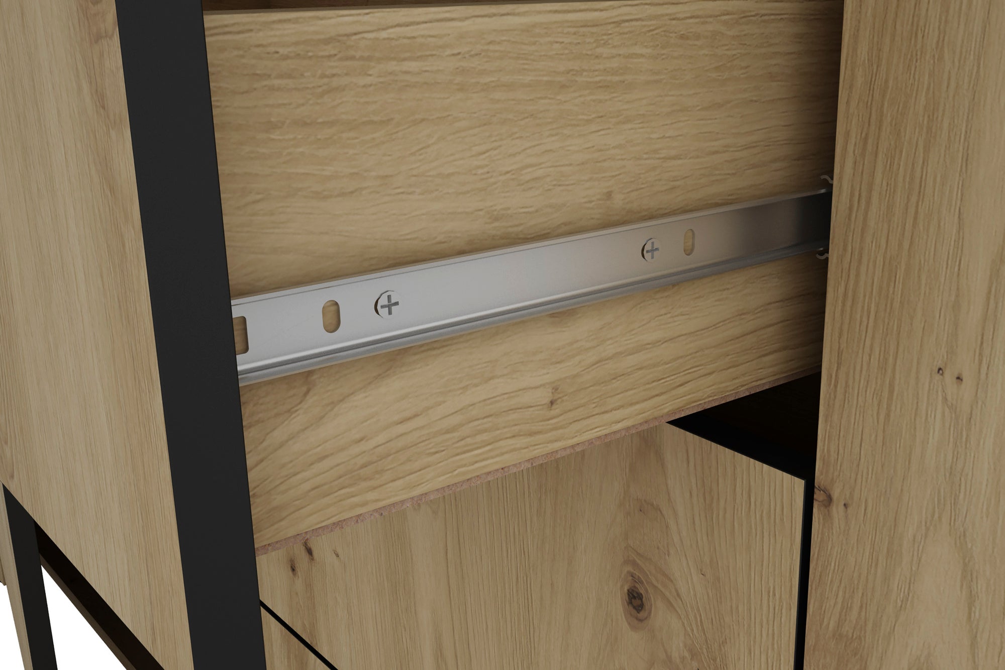 Sideboard FARO / Artisan Eiche (Eiche-Optik) oder weiß, Absetzung in schwarz / 1 Tür und 3 Schubkästen / verstellbare Einlegeböden / viel Stauraum / Kommode / Anrichte / Maße: B 140, H 84, T 40 cm