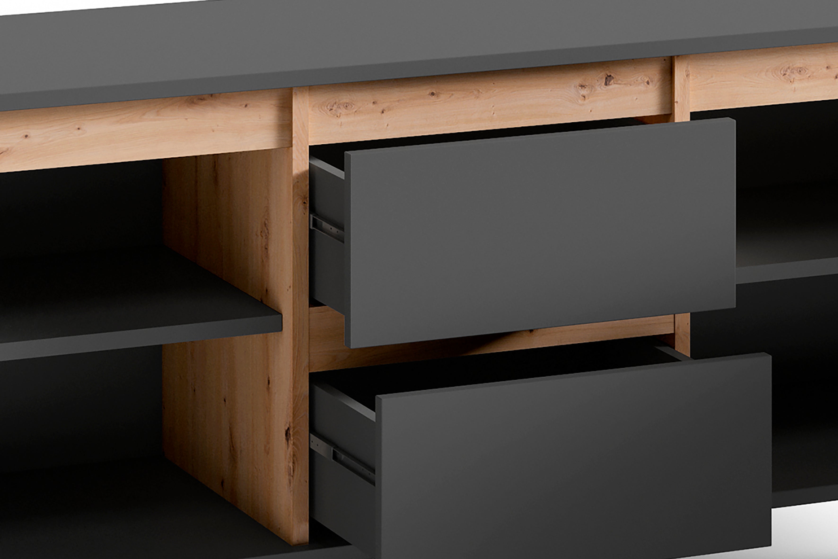 TV-Board VALENTIN / Lowboard matt weiß oder anthrazit mit Absetzung in Eiche-Optik / Fernsehtisch mit 2 Türen und 2 Schubkästen / Fernsehschrank im Scandi-Style / Grifflos / B 160, H 60, T 38 cm