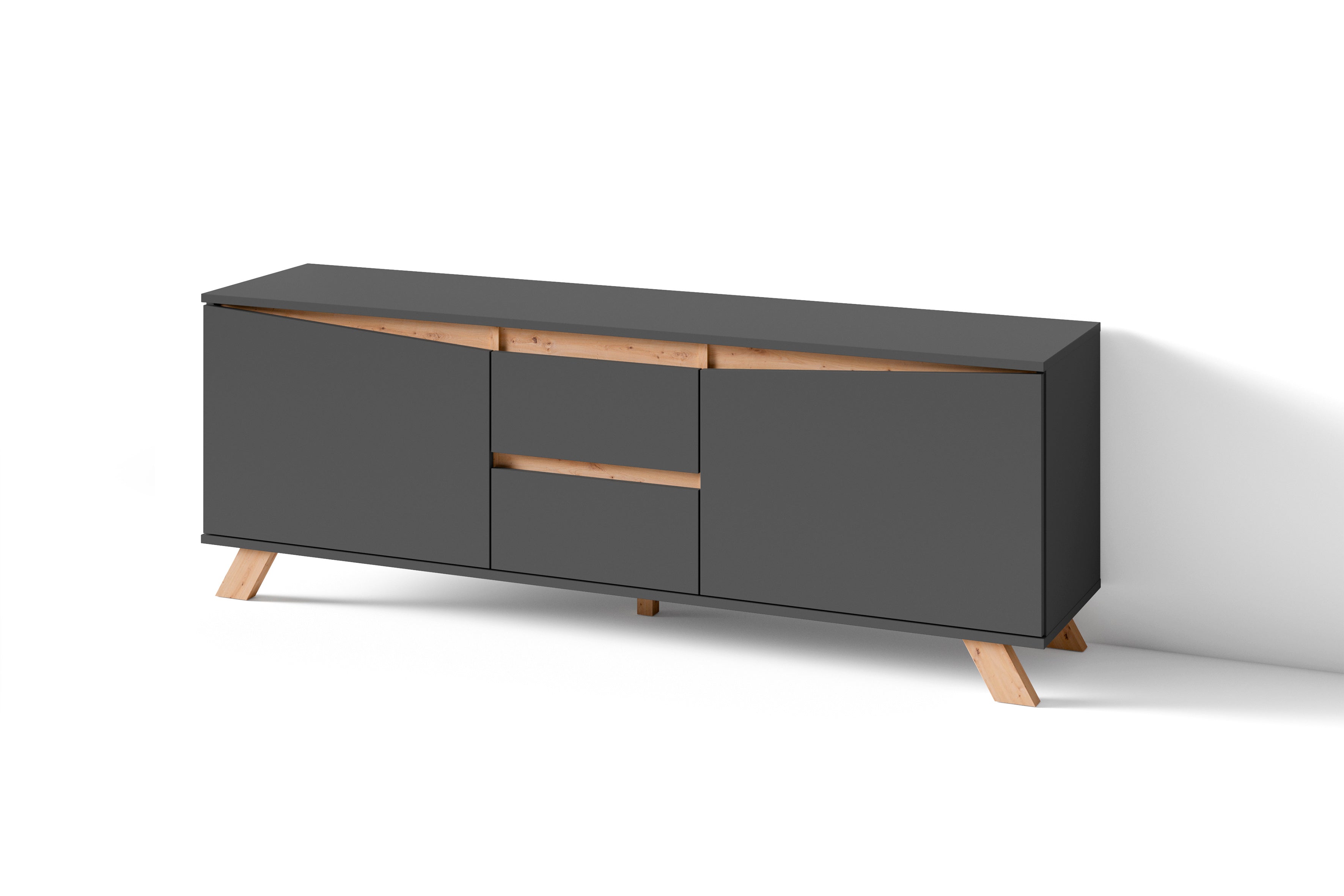 TV-Board VALENTIN / Lowboard matt weiß oder anthrazit mit Absetzung in Eiche-Optik / Fernsehtisch mit 2 Türen und 2 Schubkästen / Fernsehschrank im Scandi-Style / Grifflos / B 160, H 60, T 38 cm