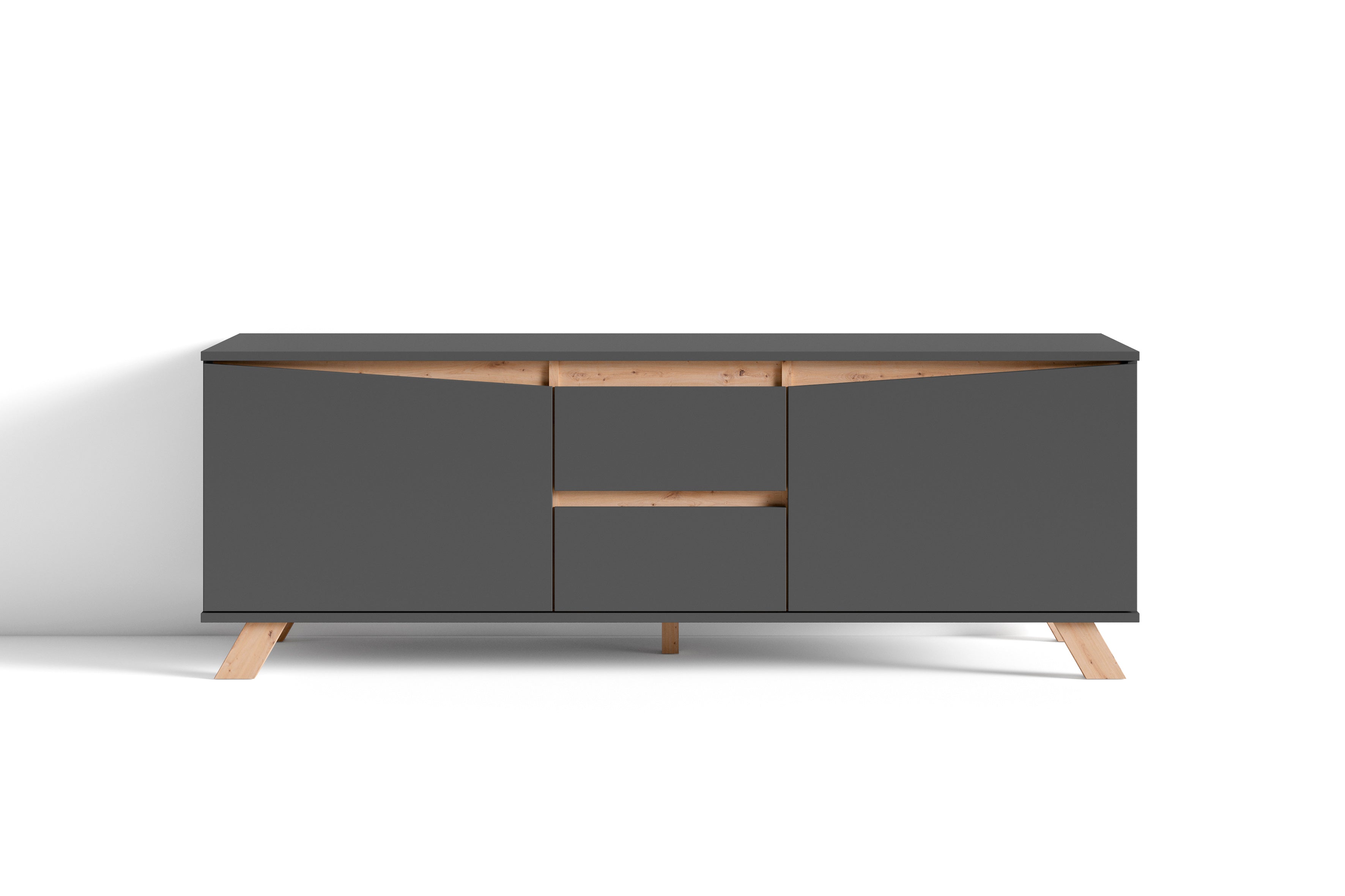 TV-Board VALENTIN / Lowboard matt weiß oder anthrazit mit Absetzung in Eiche-Optik / Fernsehtisch mit 2 Türen und 2 Schubkästen / Fernsehschrank im Scandi-Style / Grifflos / B 160, H 60, T 38 cm