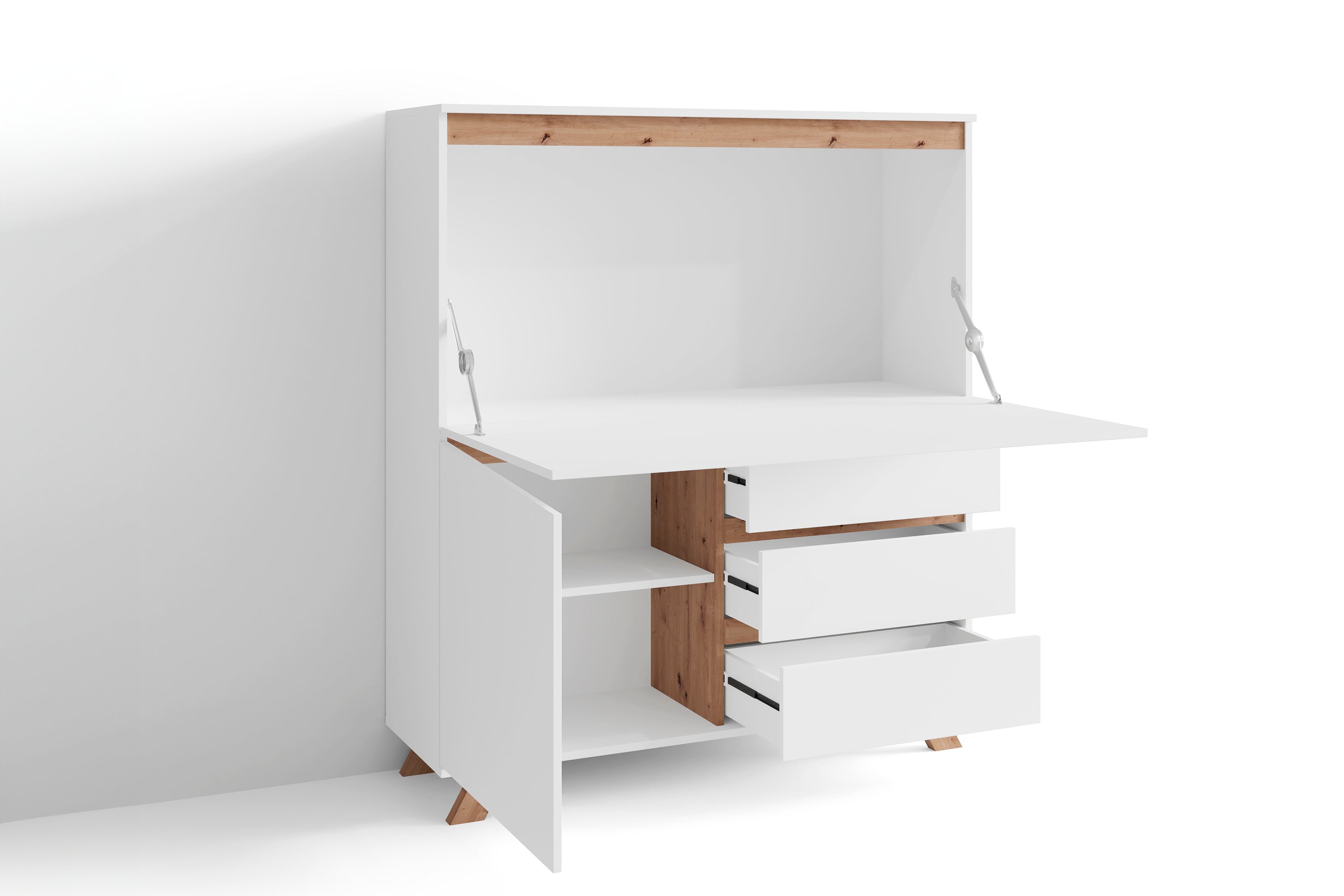 Sekretär VALENTIN / Sekretär matt weiß mit Absetzung in Eiche-Optik / Office-Schrank mit 1 Tür und 3 Schubkästen / Scandi-Style / Grifflos / B 120, H 127, T 38 cm