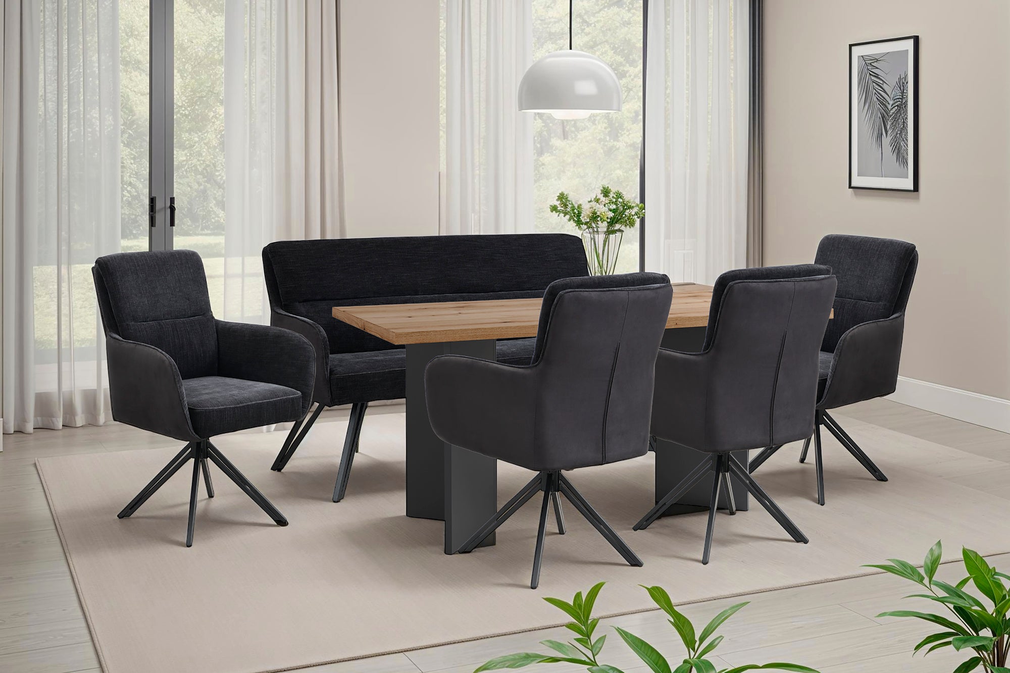 Stuhl 2-er Set TINO / Bezug Webstoff-Mikrofaser in schwarz oder hellgrau, Gestell in schwarz / 360° drehbar / Esszimmerstuhl / Küchenstuhl / B 62 x H 94 x T 70 cm