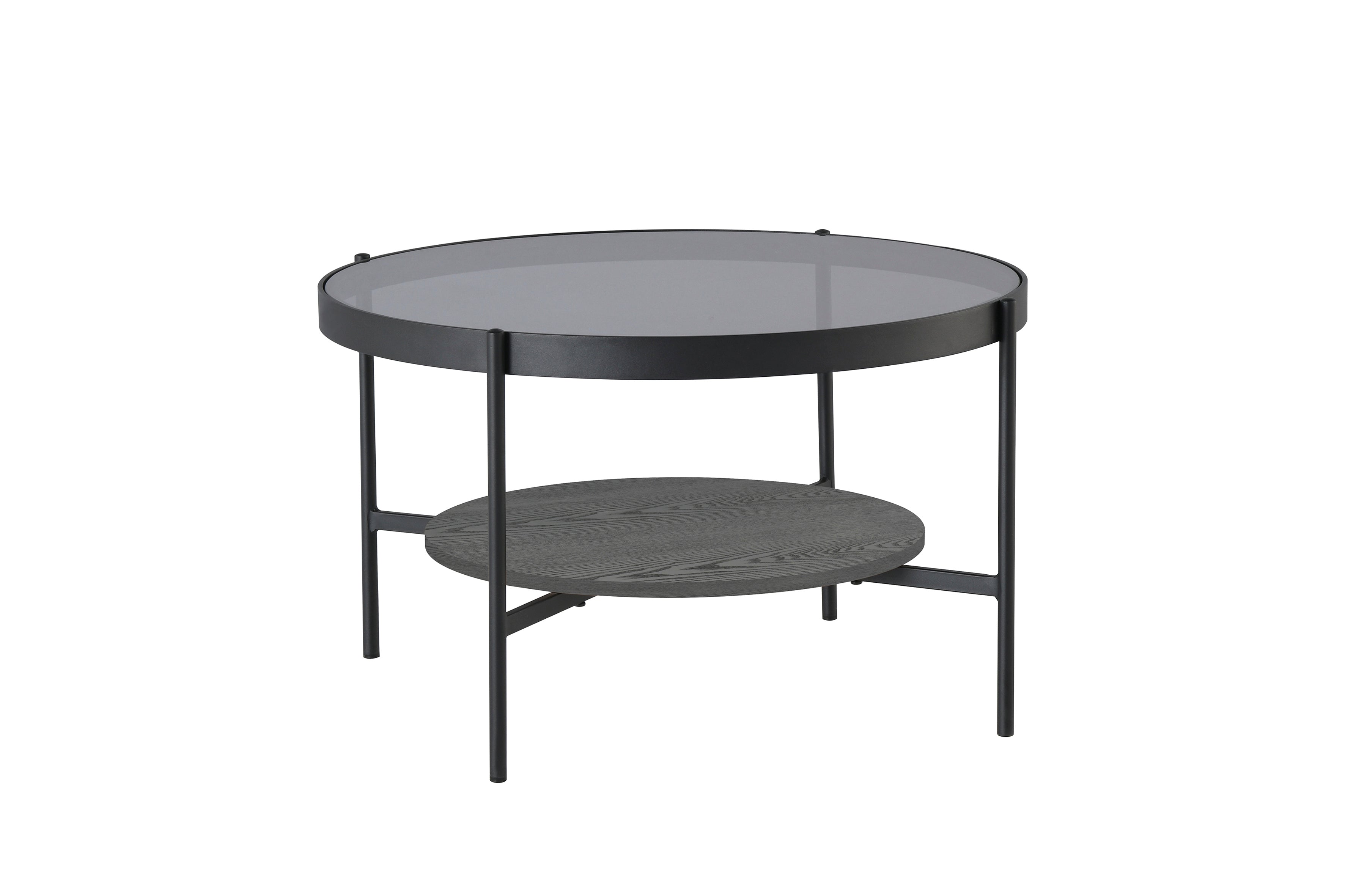 Couchtisch OHIO / Tischplatte Rauchglas grau / Ablageboden MDF Echtholzfurnier schwarz / Gestell Metall schwarz / D 73,5, H 42,5 cm
