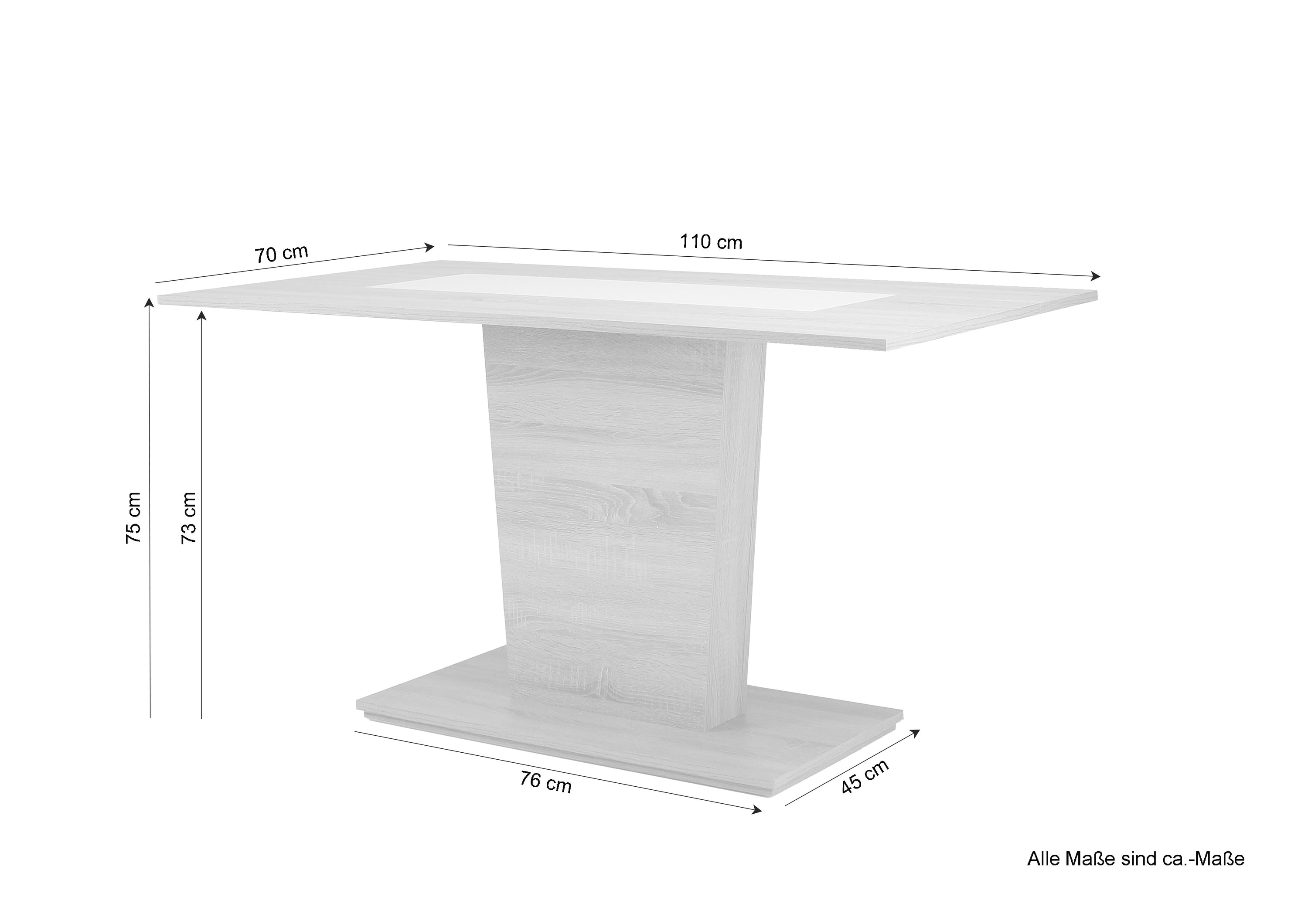 Säulentisch Vienna / Moderner Küchentisch in Eiche-Optik, Einlage schwarz oder weiß montierbar / Kleiner Esstisch / B 110, H 75, T 70 cm