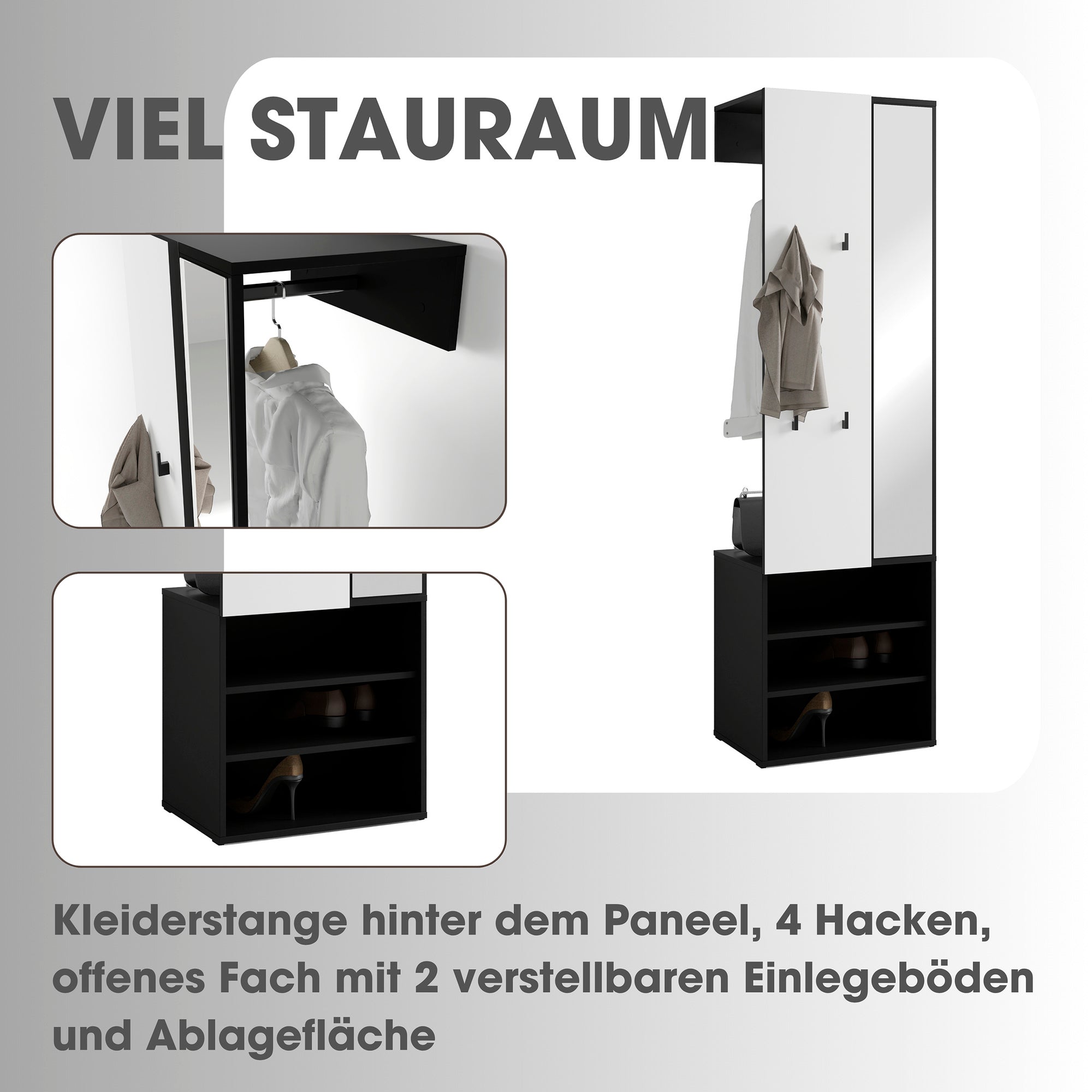 Kompaktgarderobe ANDORRA / Artisan Eiche (Eiche-Optik) oder weiß mit schwarz / Spiegel, Kleiderstange und Schuhfächer / Garderobenschrank / Flurgarderobe / Maße: B 55, H 187,5, T 40,5 cm