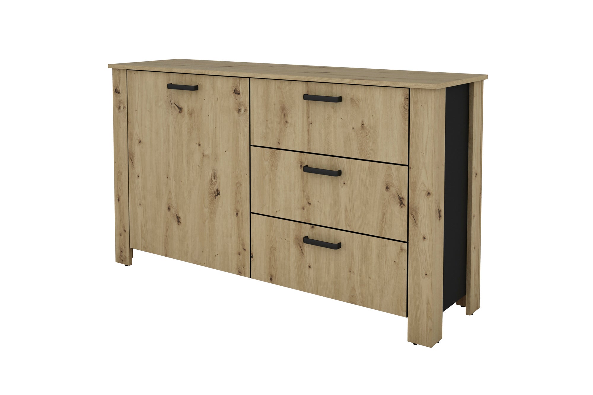 Sideboard FARO / Artisan Eiche (Eiche-Optik) oder weiß, Absetzung in schwarz / 1 Tür und 3 Schubkästen / verstellbare Einlegeböden / viel Stauraum / Kommode / Anrichte / Maße: B 140, H 84, T 40 cm