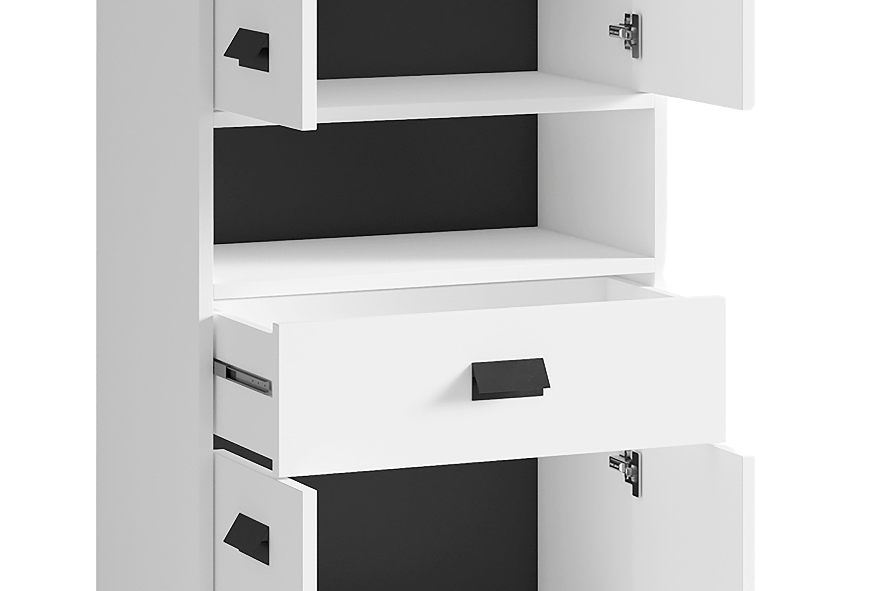 Badezimmer-Hochschrank WELLNESS in Artisan Eiche, Griffe aus Metall in schwarz / Badezimmerschrank 4 Türen mit offenen Elementen & viel Stauraum / B 54, H 193, T 31 cm