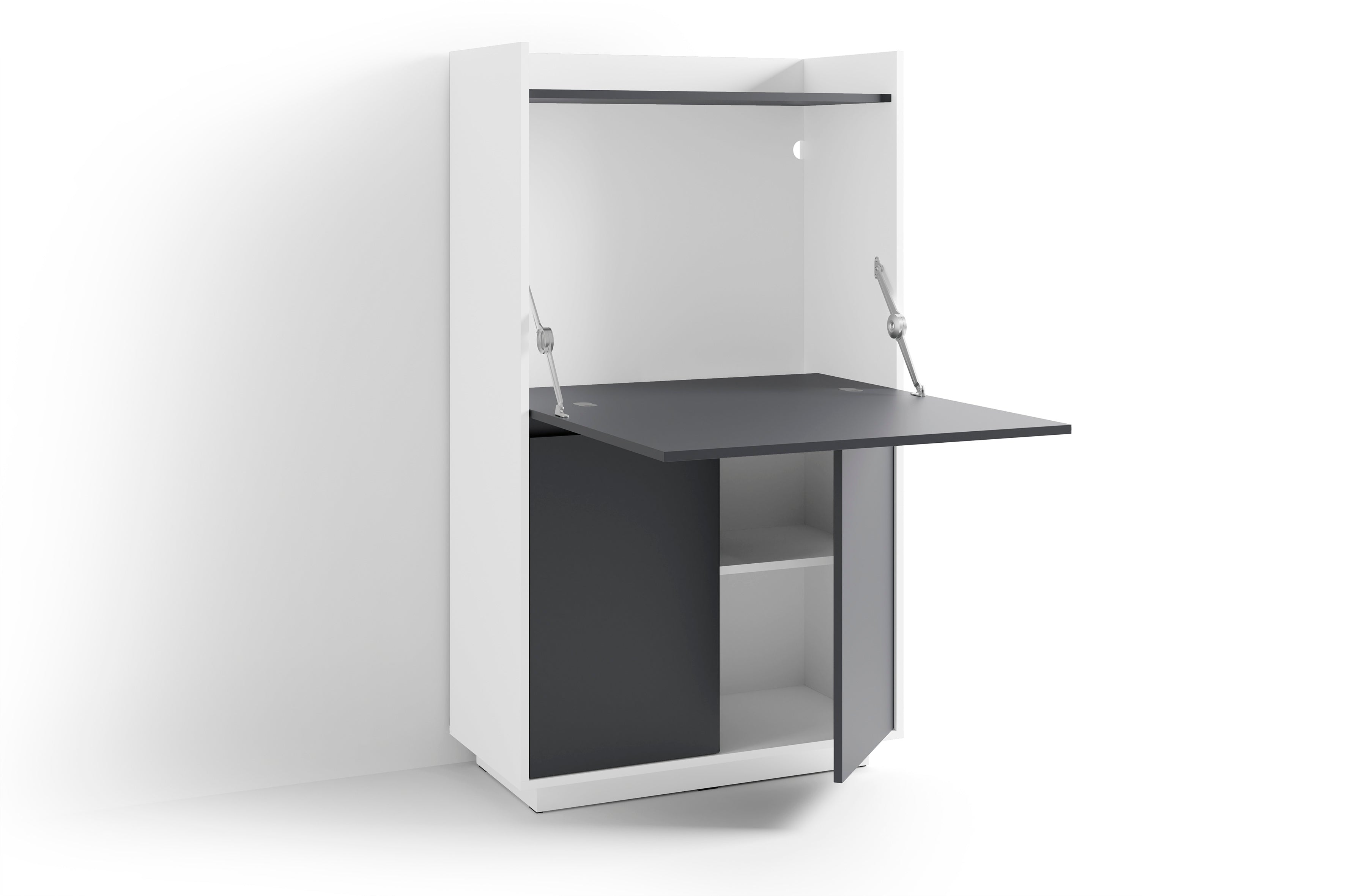 Sekretär HANNES / Sekretär matt weiß - anthrazit / Office-Schrank mit 1 Klappe und 2 Türen / Grifflos / B 80, H 141, T 40 cm