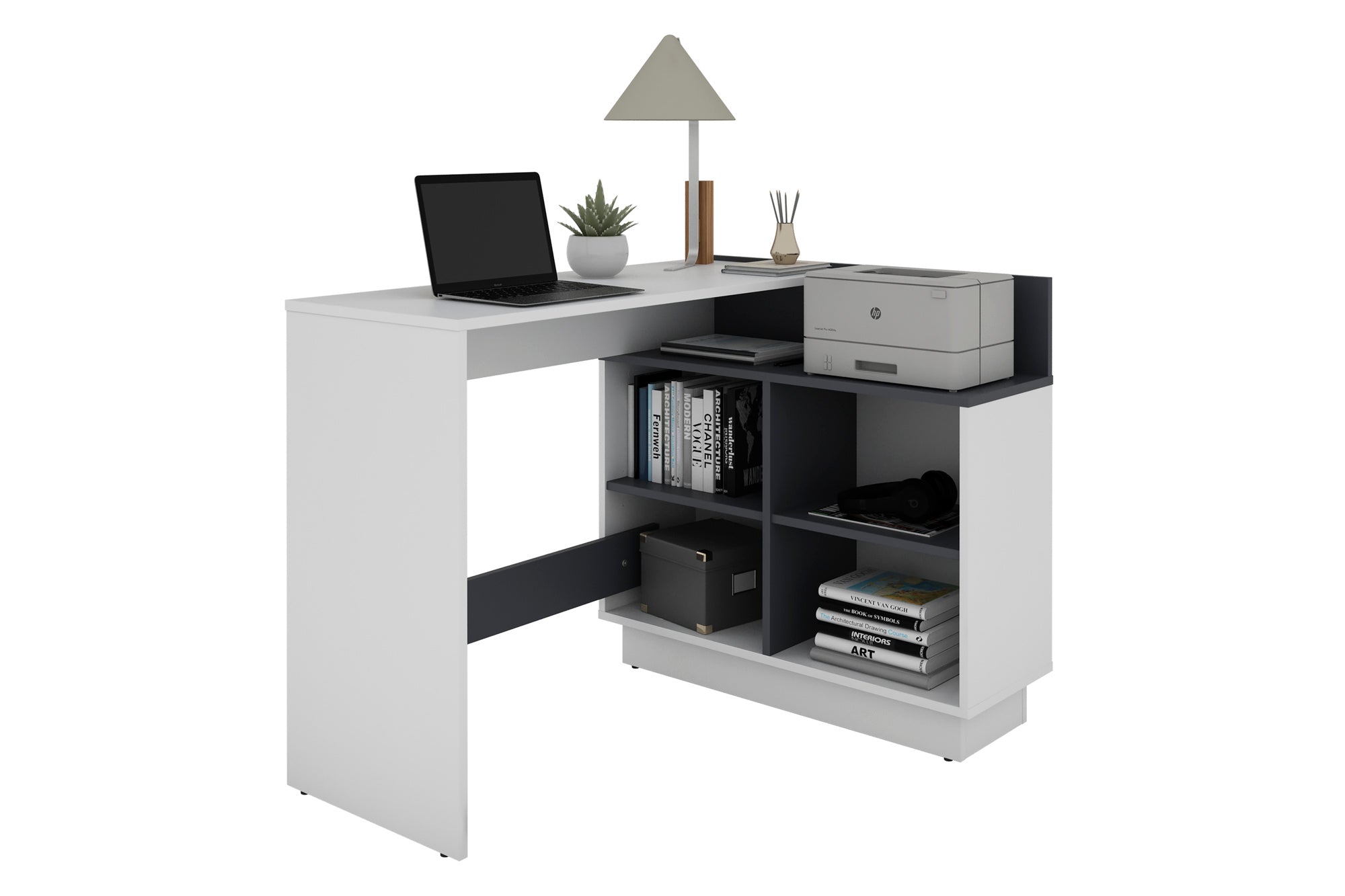 Schreibtisch BERNI / Gaming-Tisch in weiß oder Artisan Eiche (Eiche-Optik) mit graphit / Mit viel Stauraum und großer Tischplatte / Computer-Tisch / PC / Arbeits-Tisch / rechts-links montierbar / B 102, H 77,5, T 80 cm