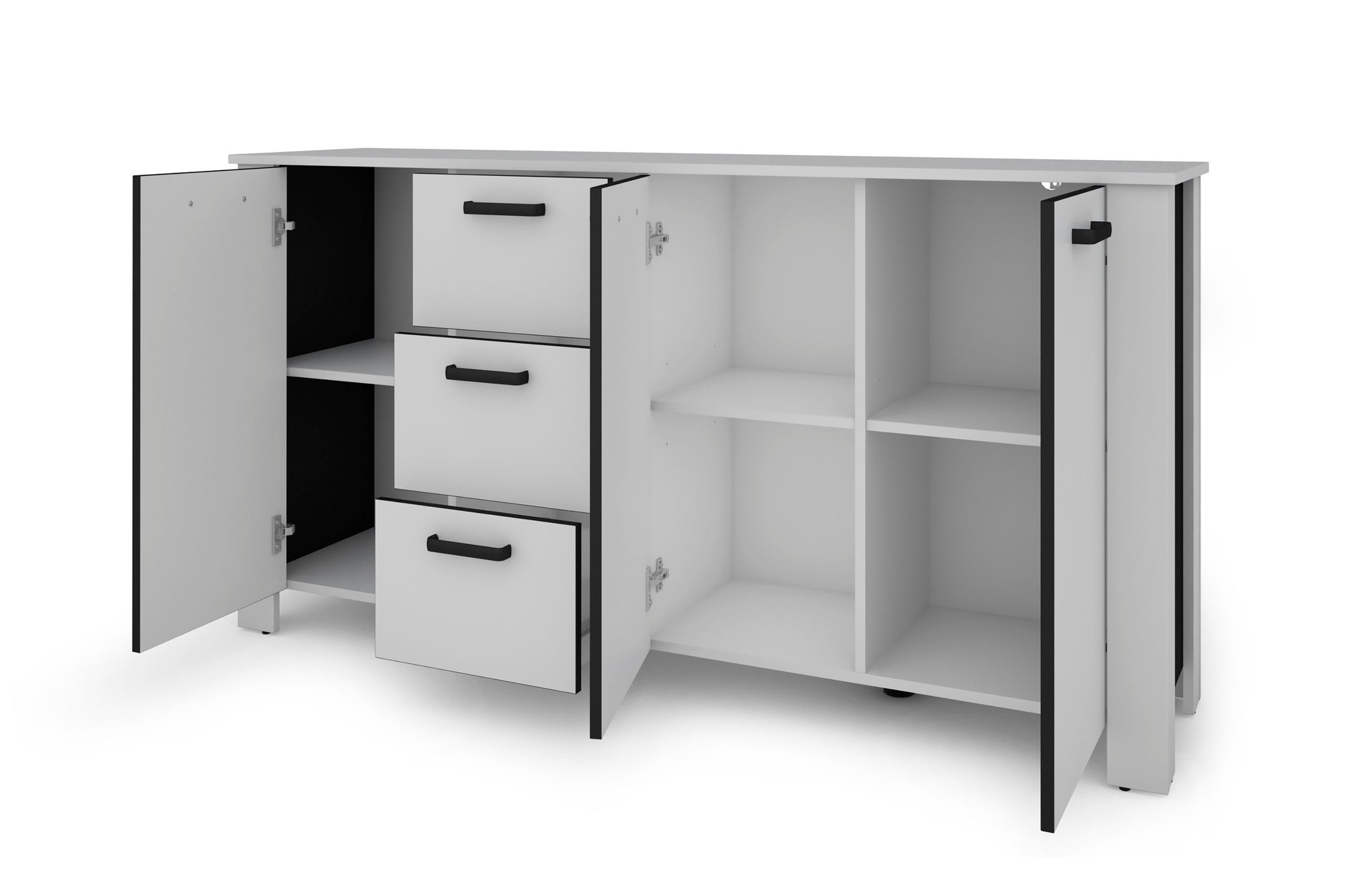 Sideboard FARO / Artisan Eiche (Eiche-Optik) oder weiß, Absetzung in schwarz / Stollenoptik / 3 Türen und 3 Schubkästen / verstellbare Einlegeböden / viel Stauraum / Kommode / Anrichte / Maße: B 160, H 84, T 40 cm