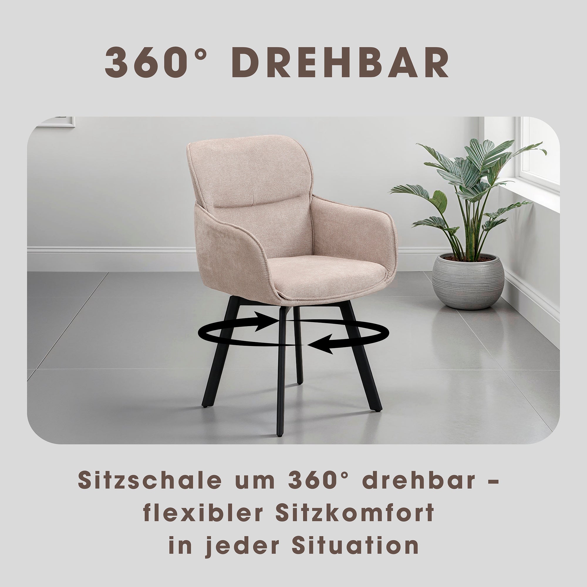 Stuhl 2-er Set RICO / Webstoffbezug in dunkelgrau oder taupe, Gestell in schwarz / 360° drehbar / Esszimmerstuhl / Küchenstuhl / B 61 x H 90 x T 63 cm