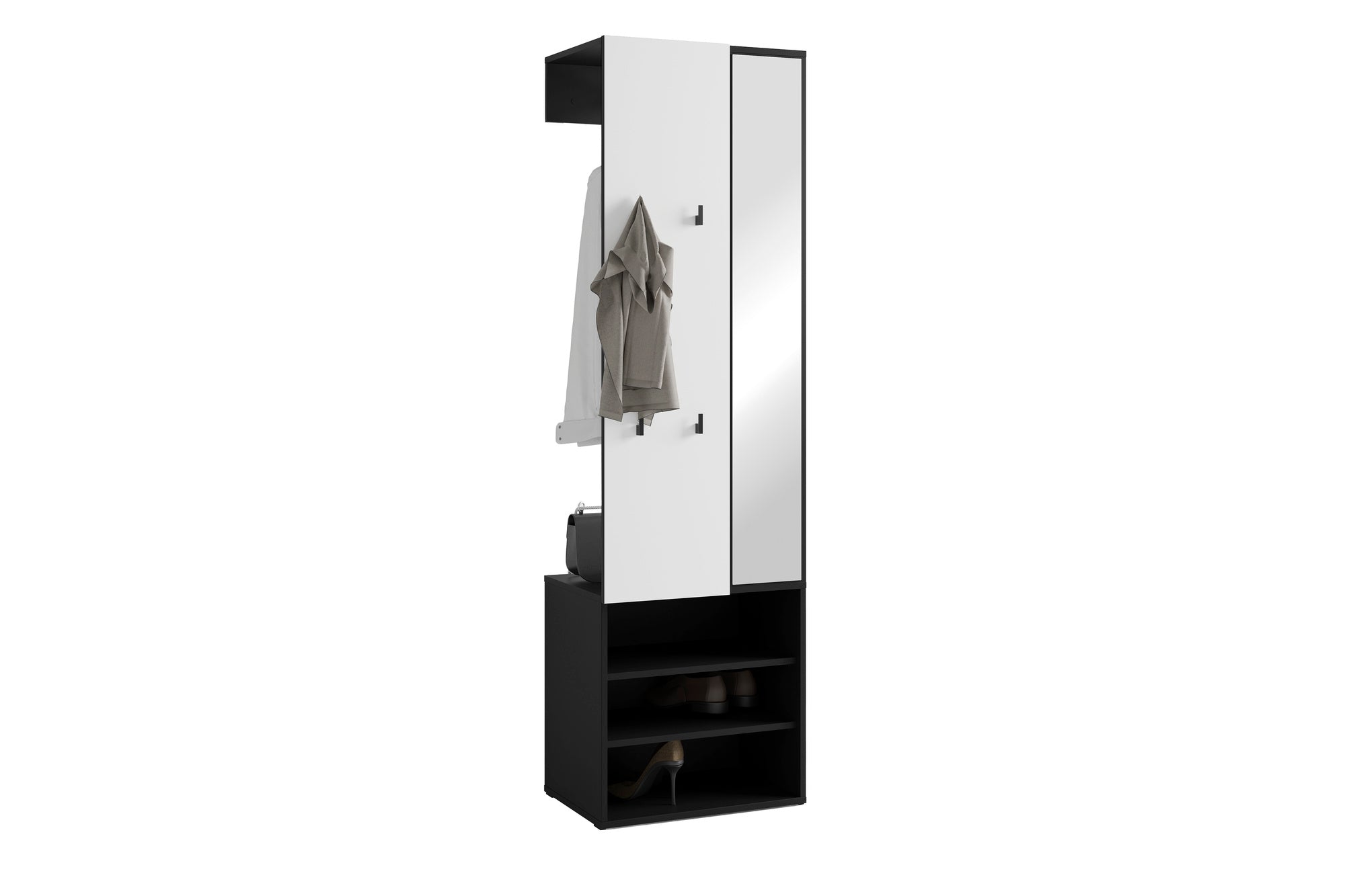 Kompaktgarderobe ANDORRA / Artisan Eiche (Eiche-Optik) oder weiß mit schwarz / Spiegel, Kleiderstange und Schuhfächer / Garderobenschrank / Flurgarderobe / Maße: B 55, H 187,5, T 40,5 cm