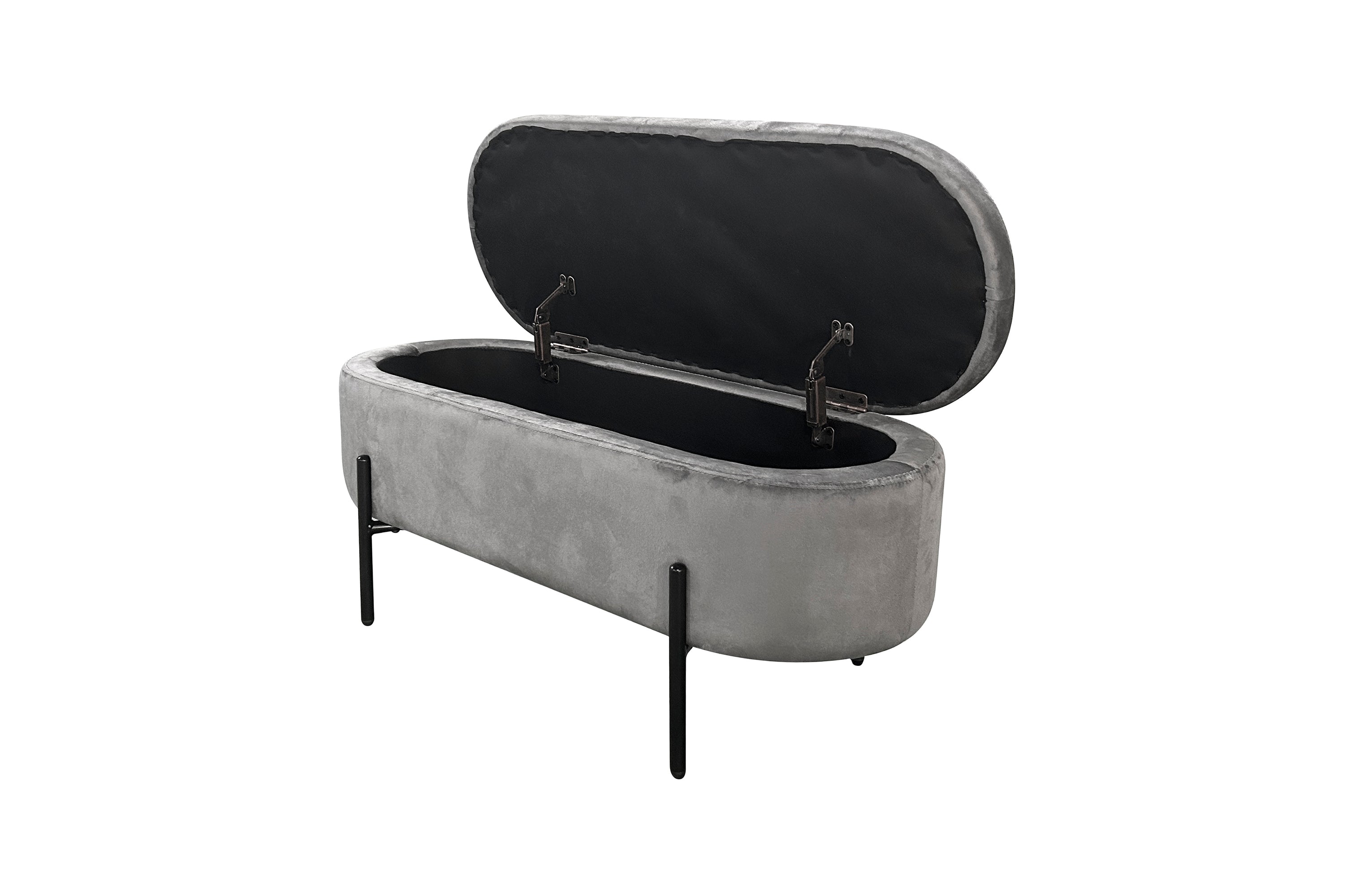 Bank NOVA / Samt dunkelgrün, grau oder schwarz / Metall schwarz pulverbeschichtet / Polsterbank mit Stauraum / B 95, H 42, T 37,5 cm