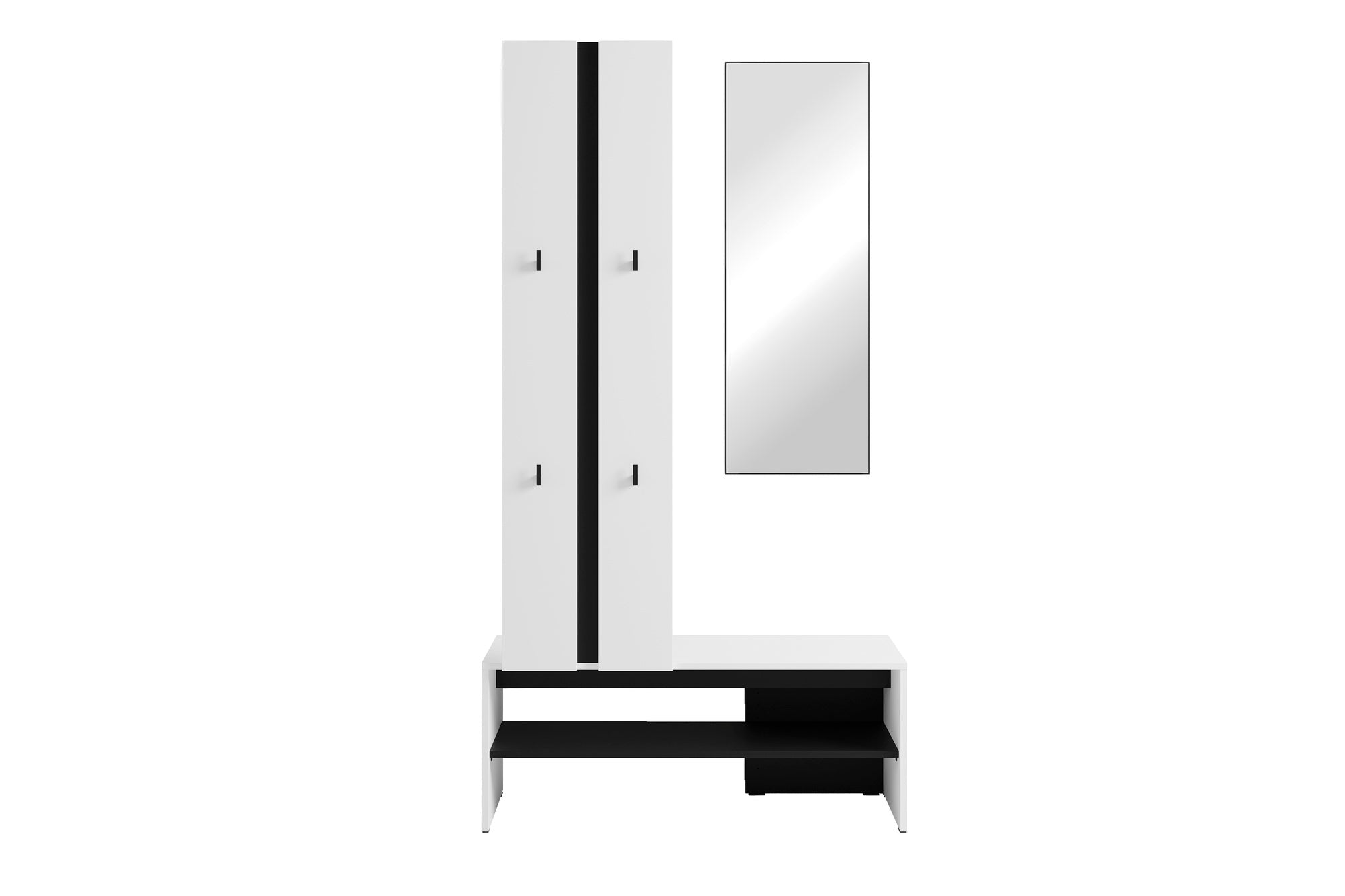Kompaktgarderobe NANTE / Artisan Eiche (Eiche-Optik) oder weiß, Absetzung in schwarz / Spiegel, Kleiderstange, offene Fächer / Garderobenmöbel / Flurgarderobe / Maße: B 100, H 186, T 40 cm
