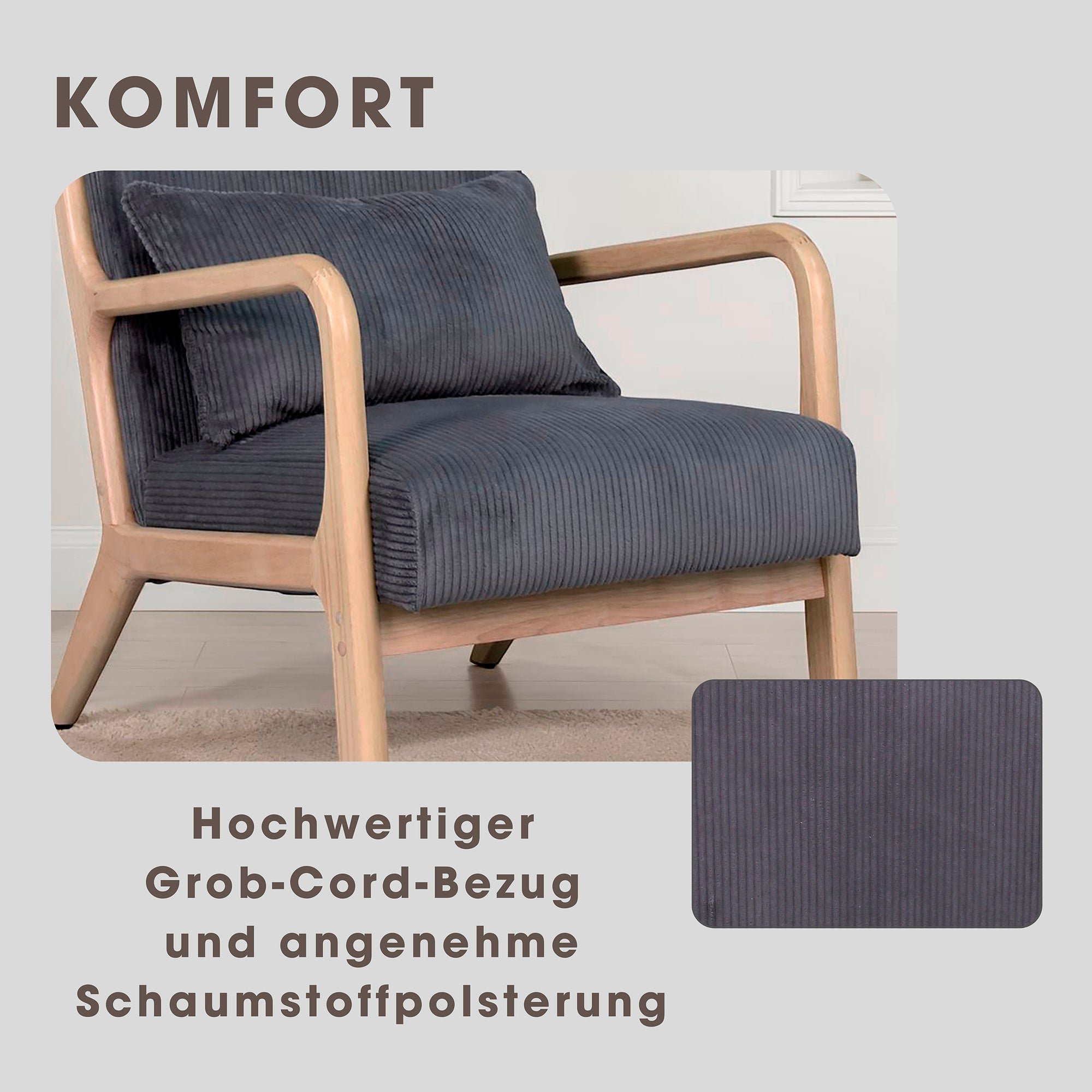 Sessel NOHR / Grob-Cord off-white oder grau / Gestell und Armlehnen Massivholz natur / B 65,5, H 78, T 84 cm