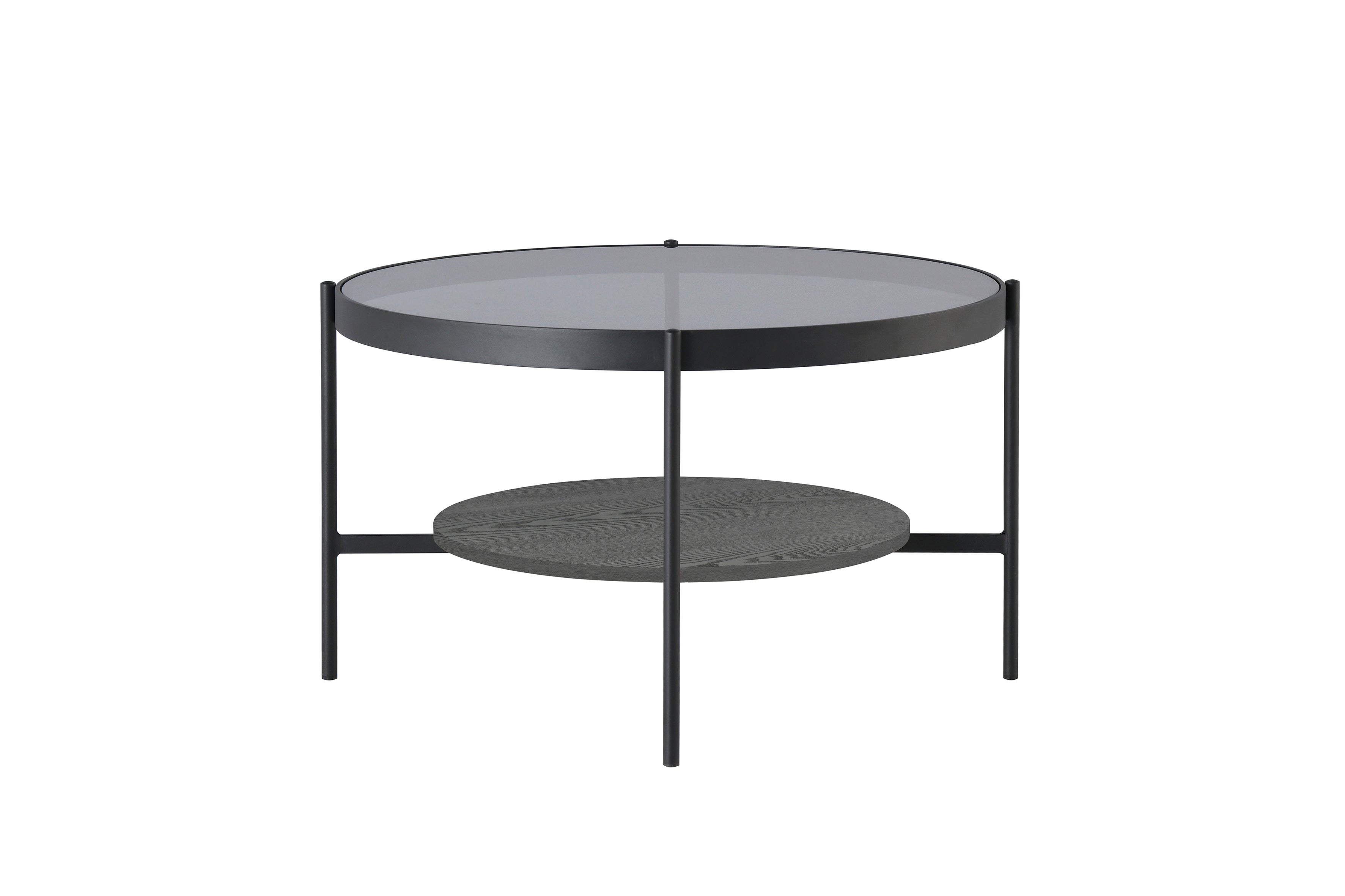 Couchtisch OHIO / Tischplatte Rauchglas grau / Ablageboden MDF Echtholzfurnier schwarz / Gestell Metall schwarz / D 73,5, H 42,5 cm