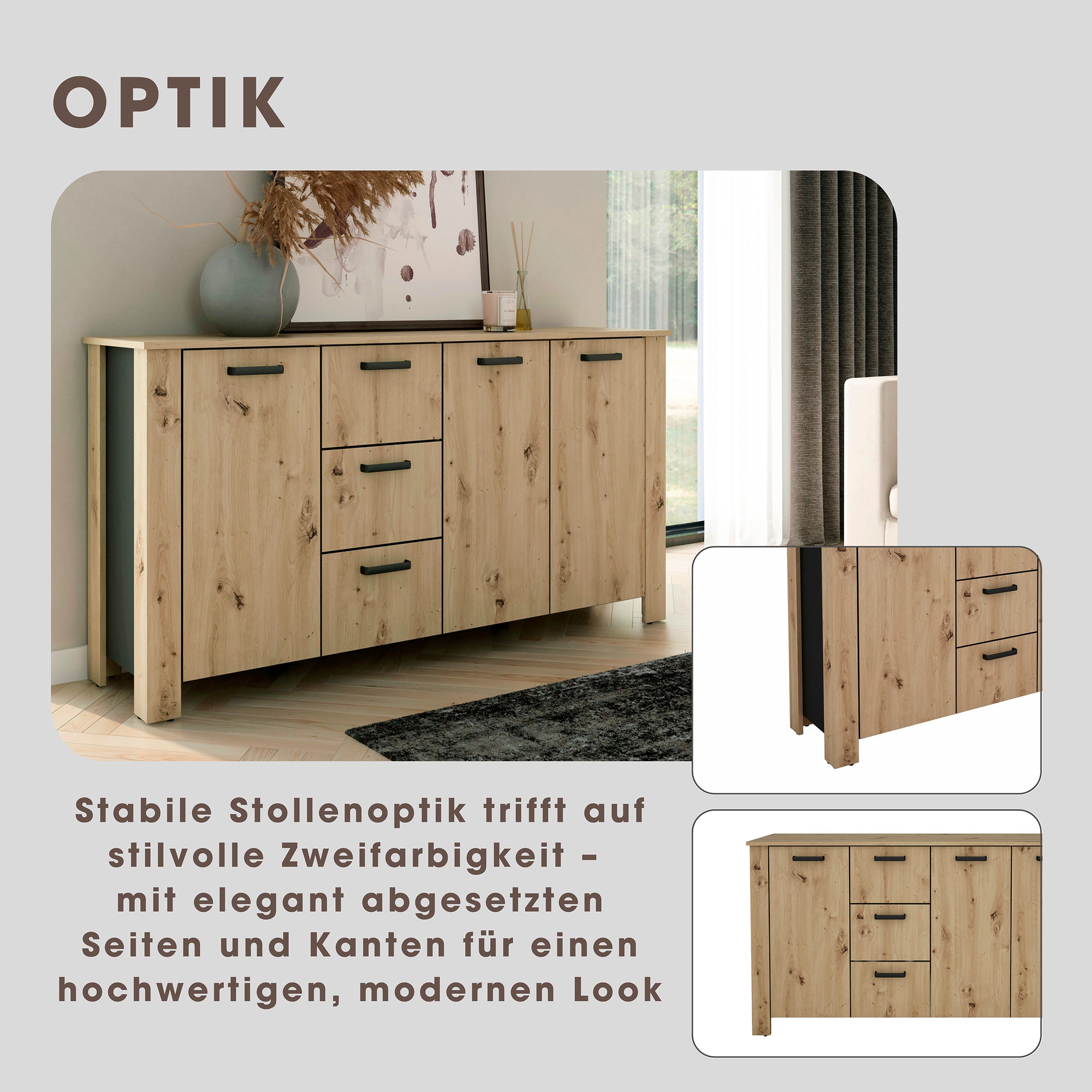 Sideboard FARO / Artisan Eiche (Eiche-Optik) oder weiß, Absetzung in schwarz / Stollenoptik / 3 Türen und 3 Schubkästen / verstellbare Einlegeböden / viel Stauraum / Kommode / Anrichte / Maße: B 160, H 84, T 40 cm