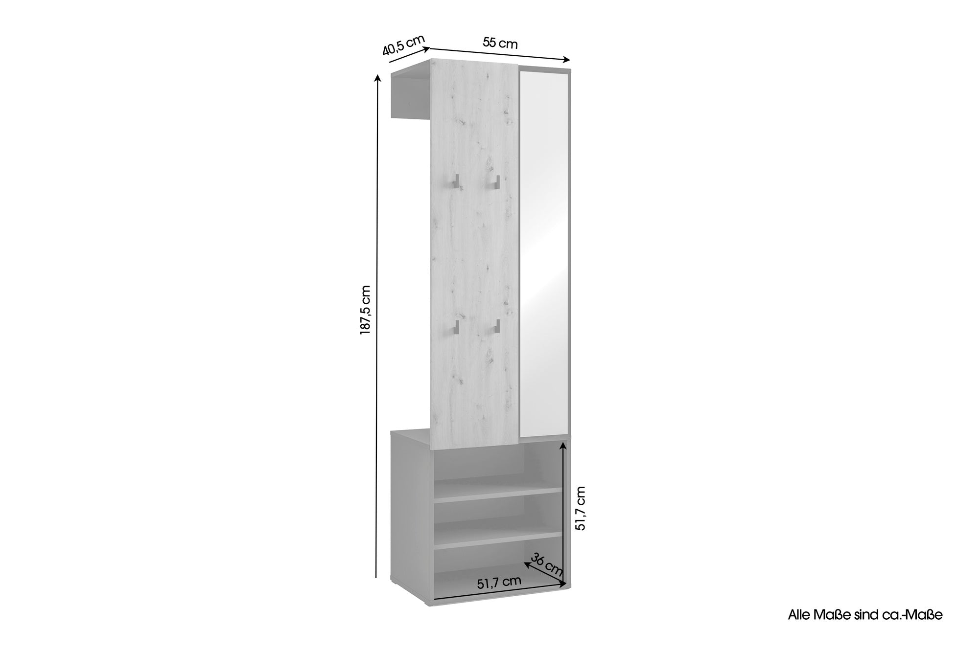 Kompaktgarderobe ANDORRA / Artisan Eiche (Eiche-Optik) oder weiß mit schwarz / Spiegel, Kleiderstange und Schuhfächer / Garderobenschrank / Flurgarderobe / Maße: B 55, H 187,5, T 40,5 cm
