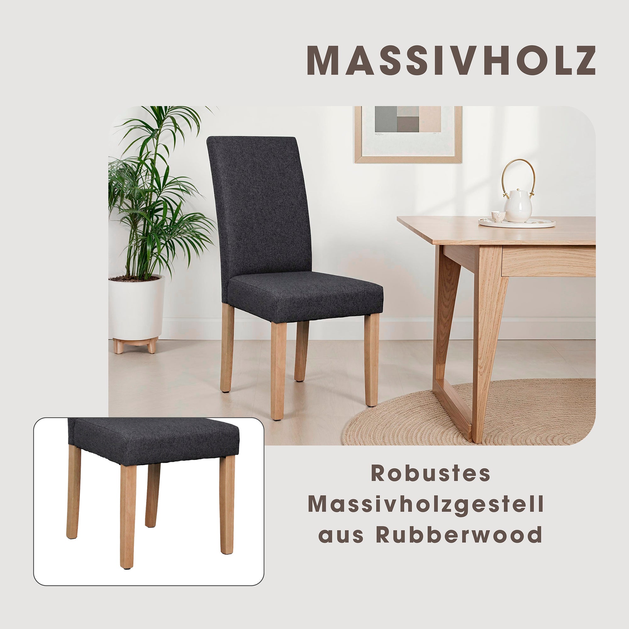 Esszimmerstuhl 2er Set ELIAS / Webstoff taupe oder dunkelgrau / Gestell Massivholz Rubberwood natur / B 47, H 99,5, T 60 cm
