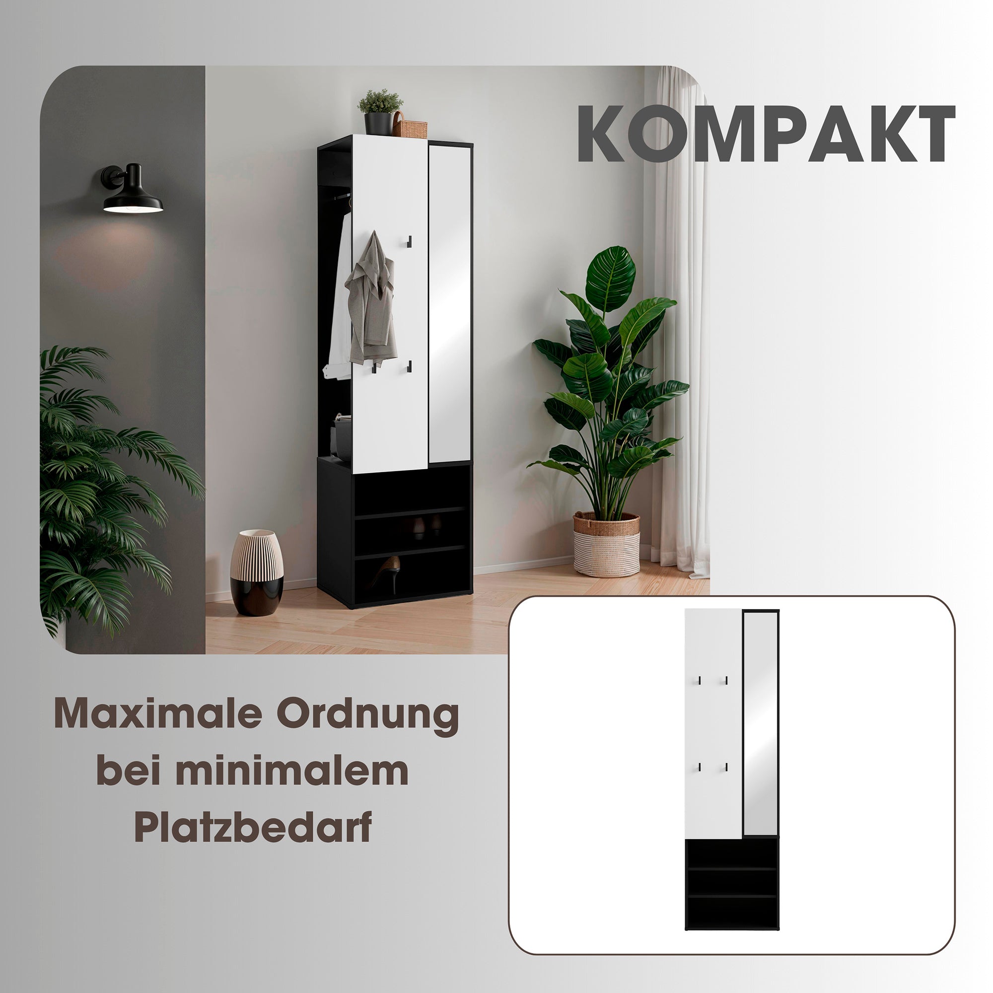 Kompaktgarderobe ANDORRA / Artisan Eiche (Eiche-Optik) oder weiß mit schwarz / Spiegel, Kleiderstange und Schuhfächer / Garderobenschrank / Flurgarderobe / Maße: B 55, H 187,5, T 40,5 cm