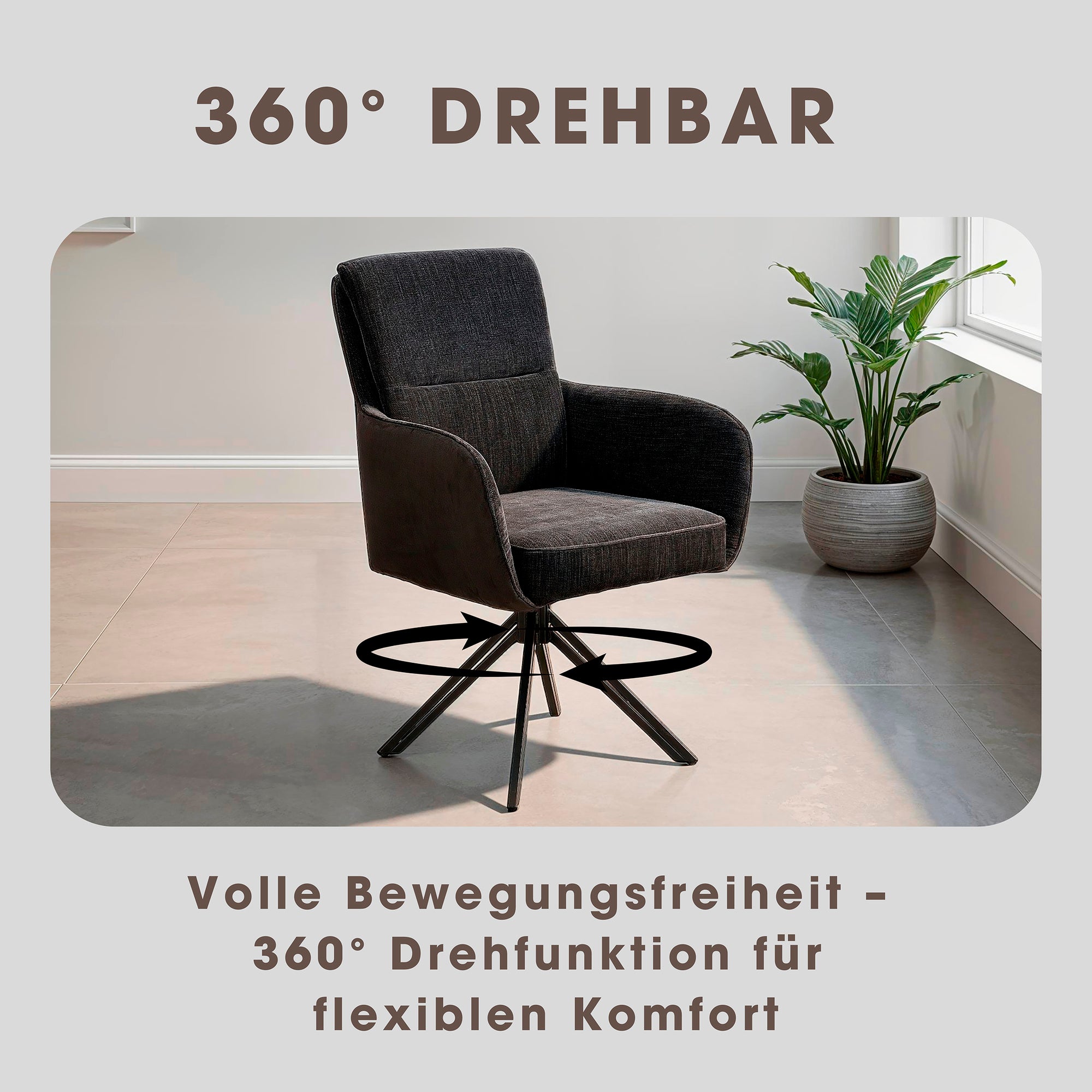 Stuhl 2-er Set TINO / Bezug Webstoff-Mikrofaser in schwarz oder hellgrau, Gestell in schwarz / 360° drehbar / Esszimmerstuhl / Küchenstuhl / B 62 x H 94 x T 70 cm