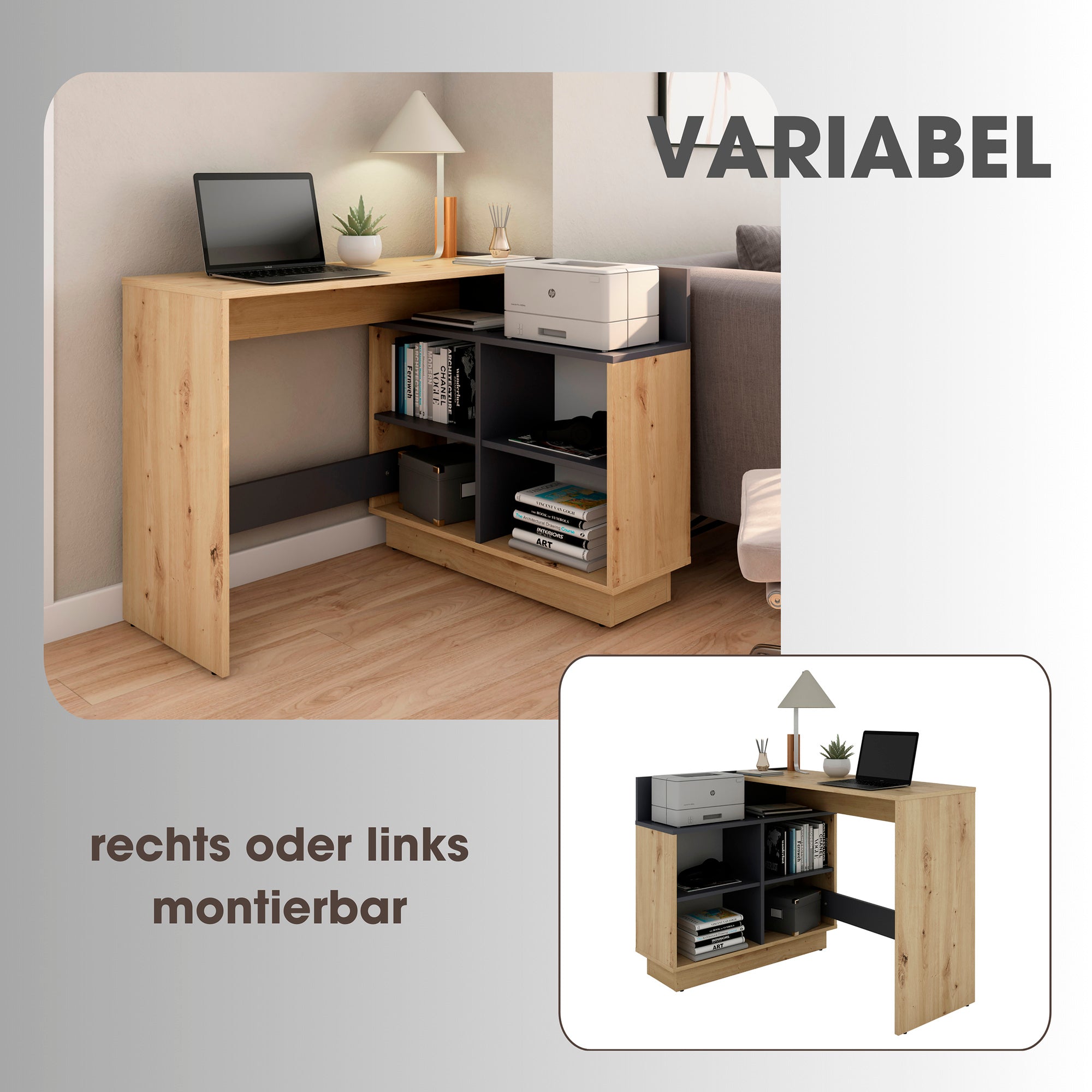 Schreibtisch BERNI / Gaming-Tisch in weiß oder Artisan Eiche (Eiche-Optik) mit graphit / Mit viel Stauraum und großer Tischplatte / Computer-Tisch / PC / Arbeits-Tisch / rechts-links montierbar / B 102, H 77,5, T 80 cm