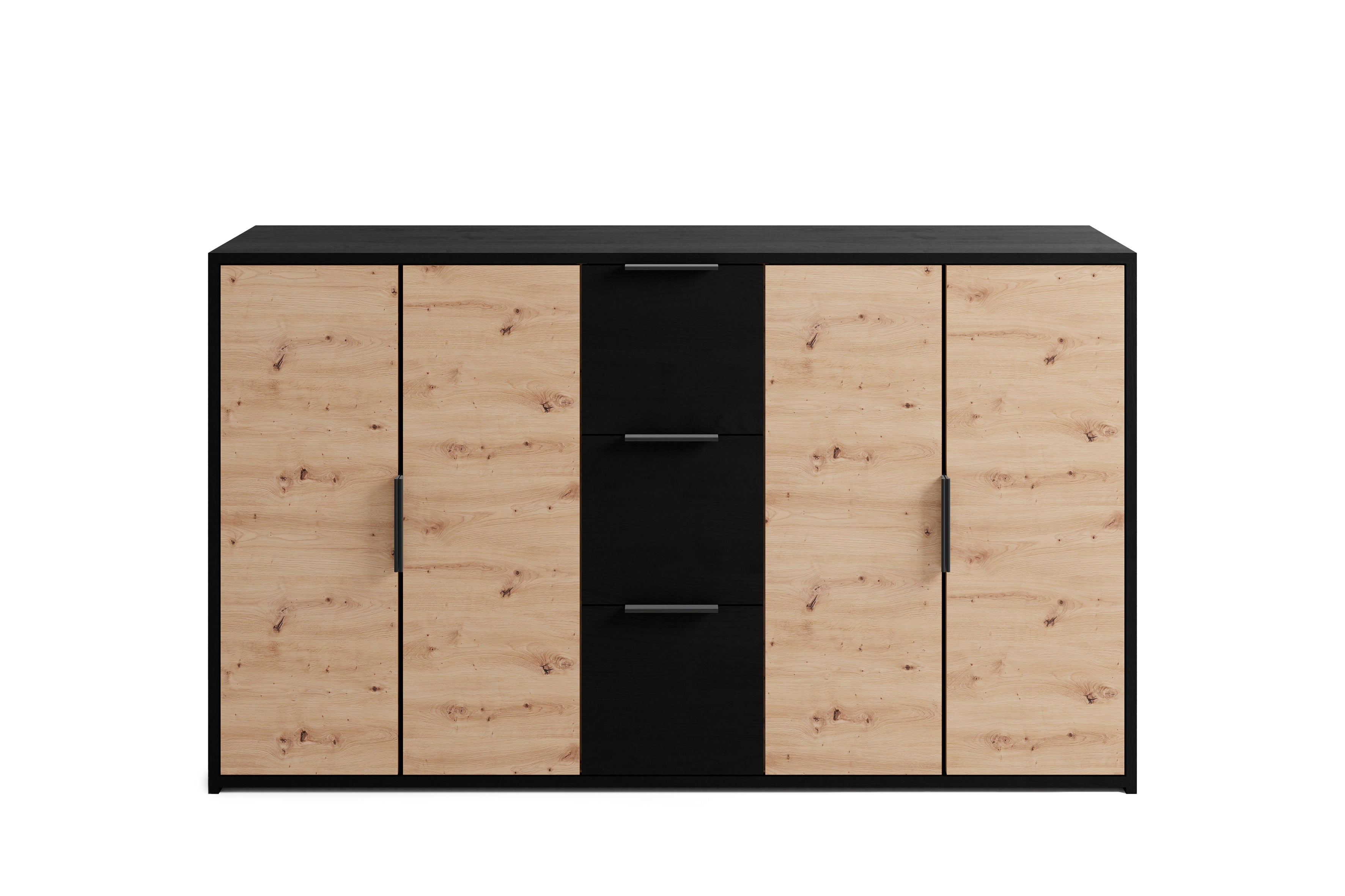 Sideboard RIMINI / Melamin Eiche schwarz und Artisan Eiche / 4 Türen / B 139, H 80, T 39 cm