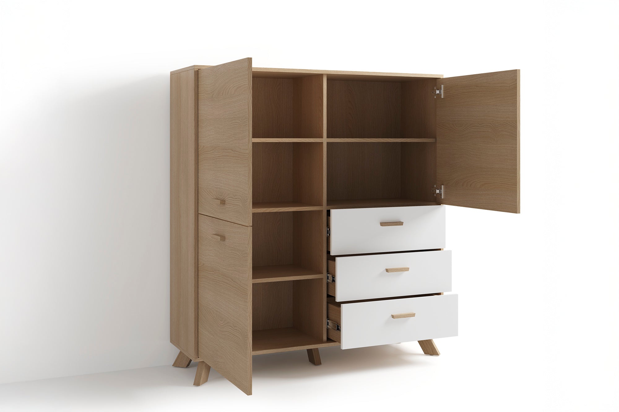 Highboard BASTIAN / Eiche bianco, weiß / Griffe und Füße Massivholz Eiche / 3 Türen, 3 Schubladen / viel Stauraum / Kommode / Schrank / Maße: B 120, H 131, T 36,5 cm