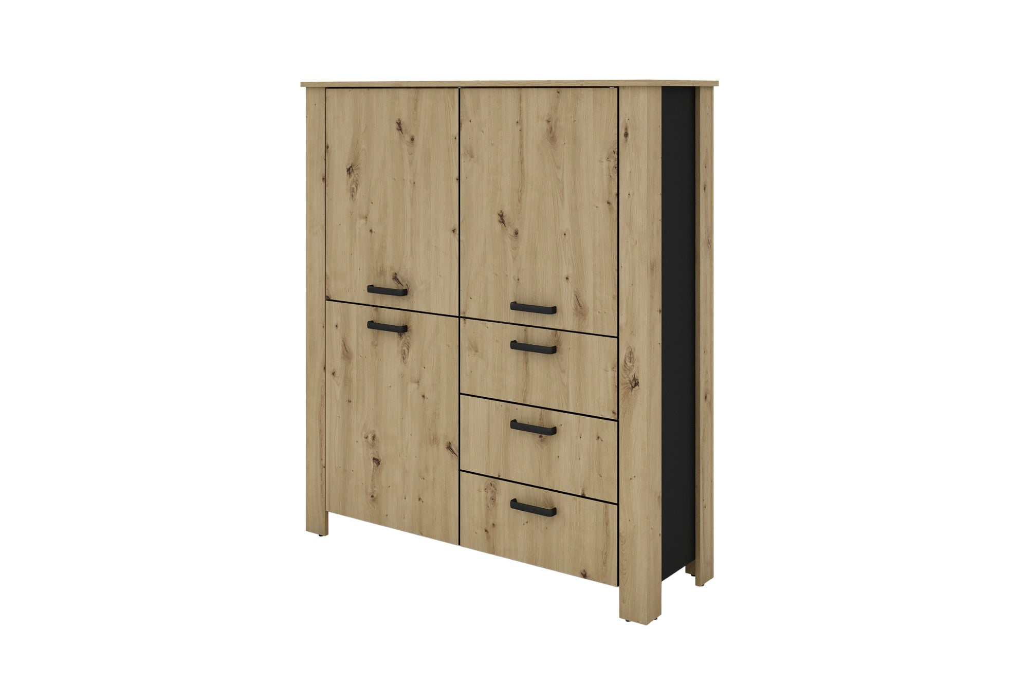 Higboard FARO / Artisan Eiche (Eiche-Optik) oder weiß, Absetzung in schwarz / Stollenoptik / 3 Türen und 3 Schubkästen / verstellbare Einlegeböden / viel Stauraum / Sideboard / Kommode / Maße: B 160, H 84, T 40 cm