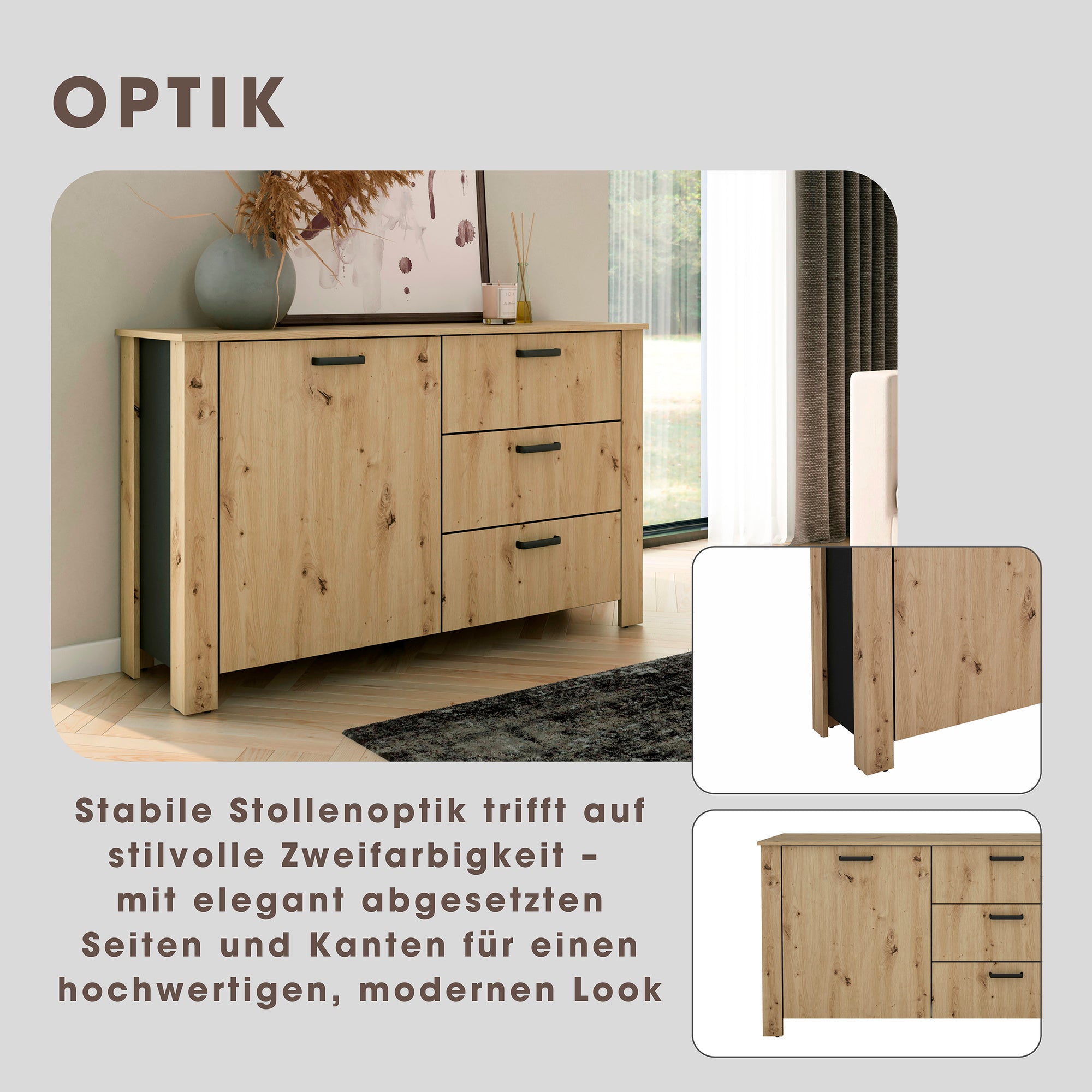 Sideboard FARO / Artisan Eiche (Eiche-Optik) oder weiß, Absetzung in schwarz / 1 Tür und 3 Schubkästen / verstellbare Einlegeböden / viel Stauraum / Kommode / Anrichte / Maße: B 140, H 84, T 40 cm