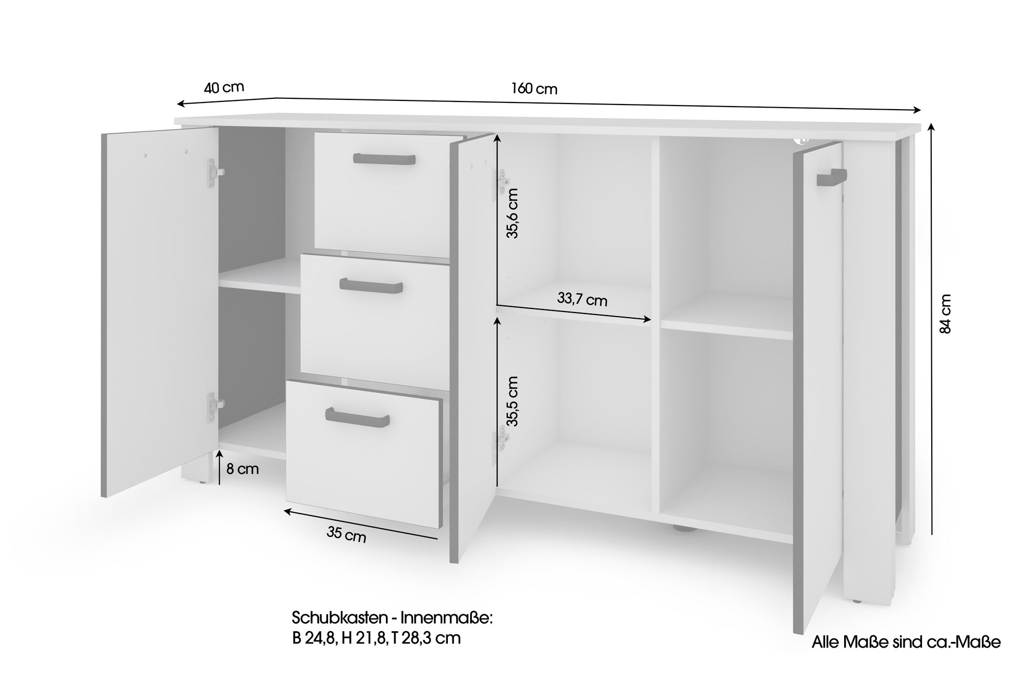Sideboard FARO / Artisan Eiche (Eiche-Optik) oder weiß, Absetzung in schwarz / Stollenoptik / 3 Türen und 3 Schubkästen / verstellbare Einlegeböden / viel Stauraum / Kommode / Anrichte / Maße: B 160, H 84, T 40 cm