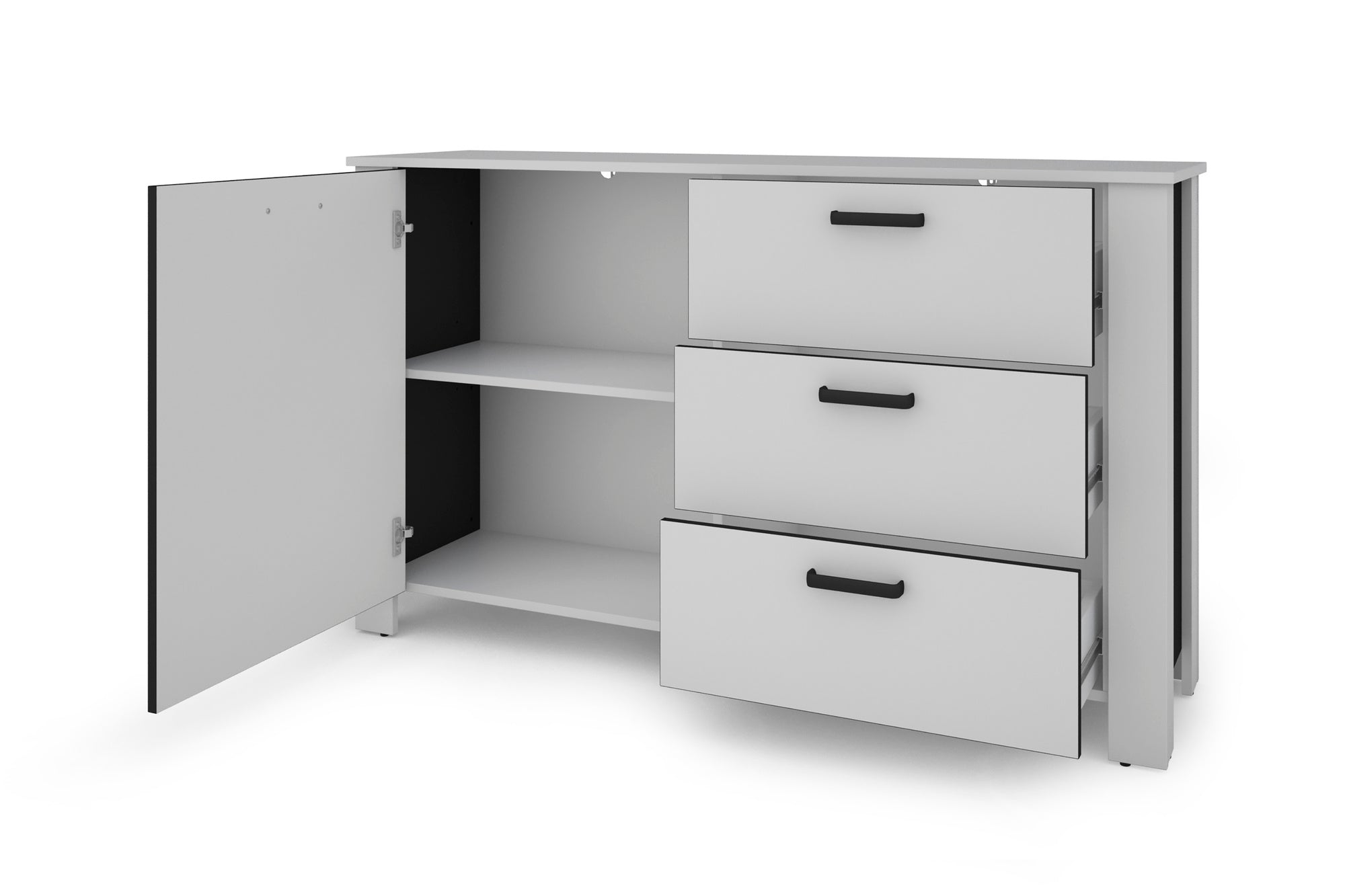 Sideboard FARO / Artisan Eiche (Eiche-Optik) oder weiß, Absetzung in schwarz / 1 Tür und 3 Schubkästen / verstellbare Einlegeböden / viel Stauraum / Kommode / Anrichte / Maße: B 140, H 84, T 40 cm