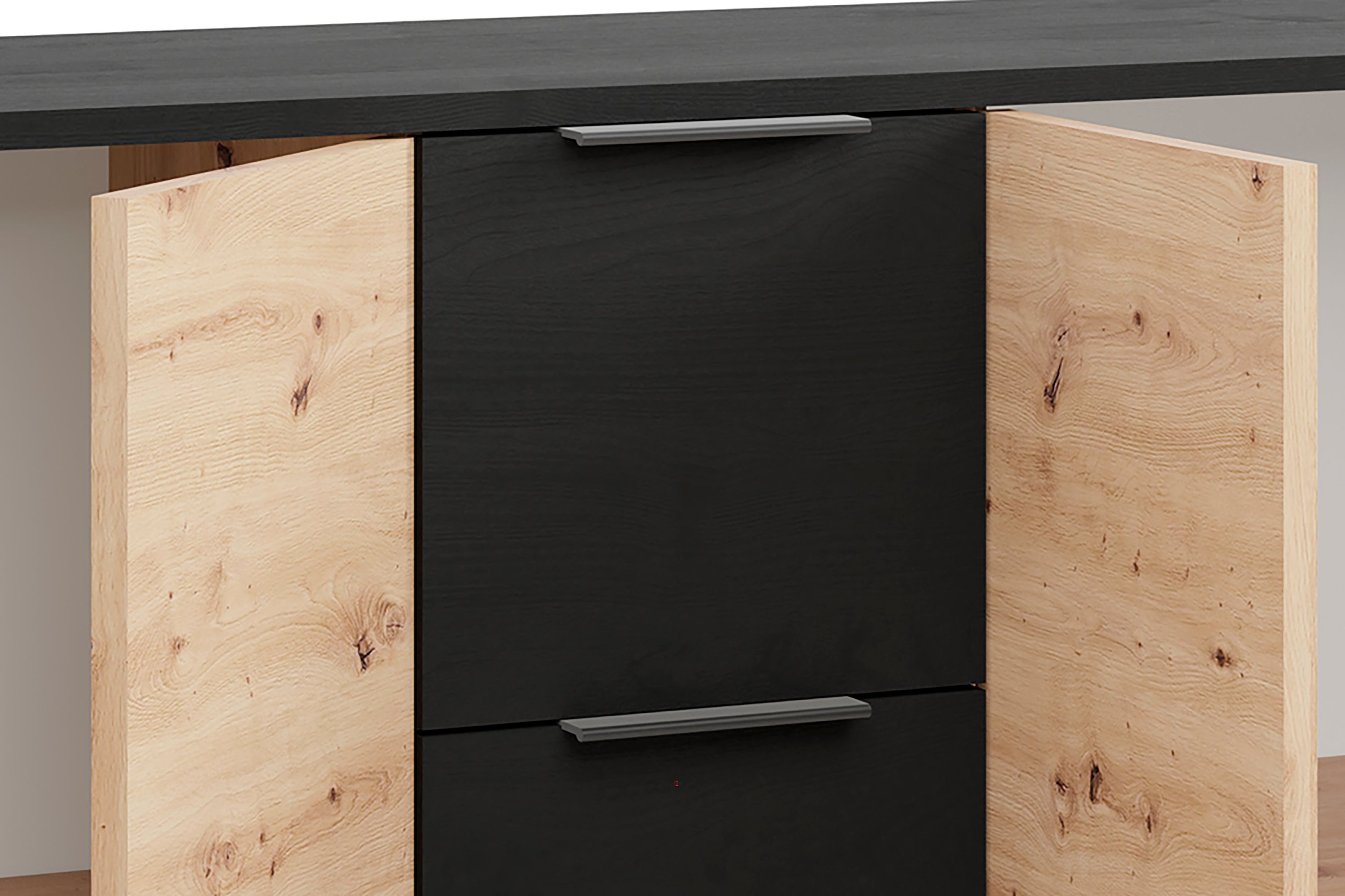 Sideboard RIMINI / Melamin Eiche schwarz und Artisan Eiche / 4 Türen / B 139, H 80, T 39 cm