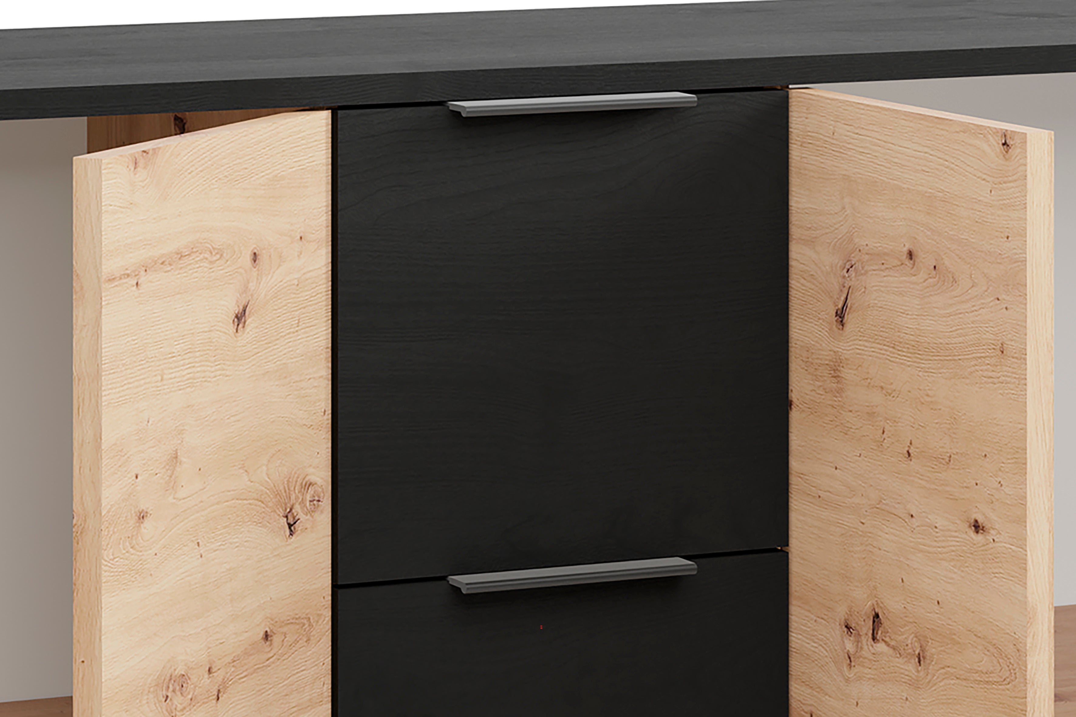 Sideboard RIMINI / Melamin Eiche schwarz und Artisan Eiche / 4 Türen / B 139, H 80, T 39 cm
