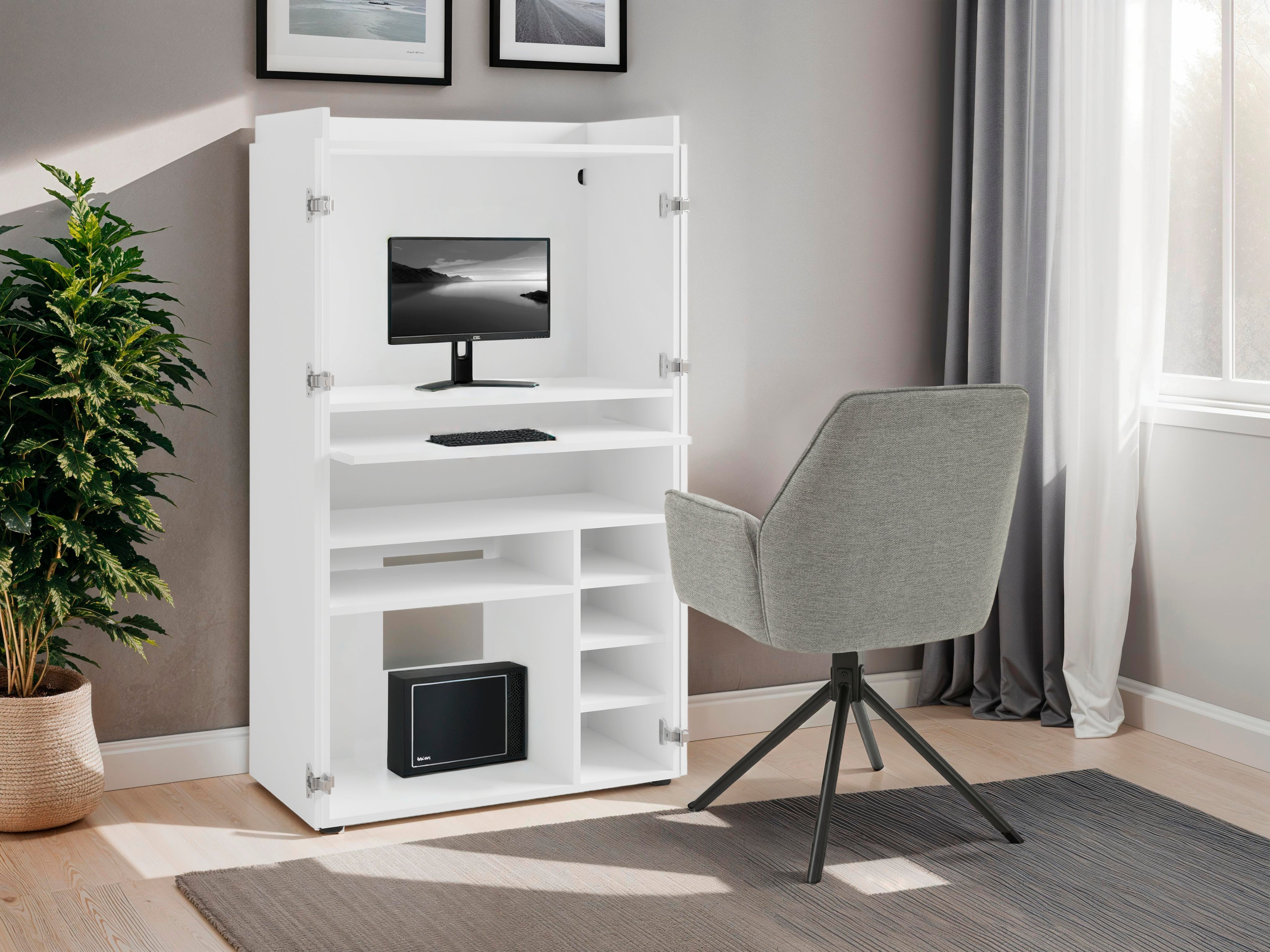 Sekretär JANNE / Sekretär matt weiß oder Artisan Eiche (Eiche-Optik) / Office-Schrank mit 2 Türen / platzsparend / Grifflos / B 80, H 141, T 40 cm