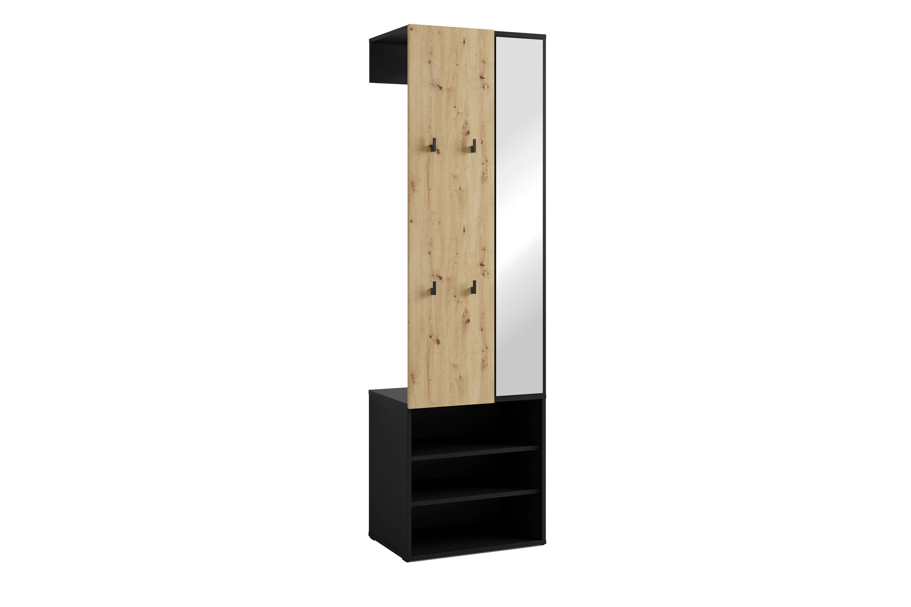 Kompaktgarderobe ANDORRA / Artisan Eiche (Eiche-Optik) oder weiß mit schwarz / Spiegel, Kleiderstange und Schuhfächer / Garderobenschrank / Flurgarderobe / Maße: B 55, H 187,5, T 40,5 cm