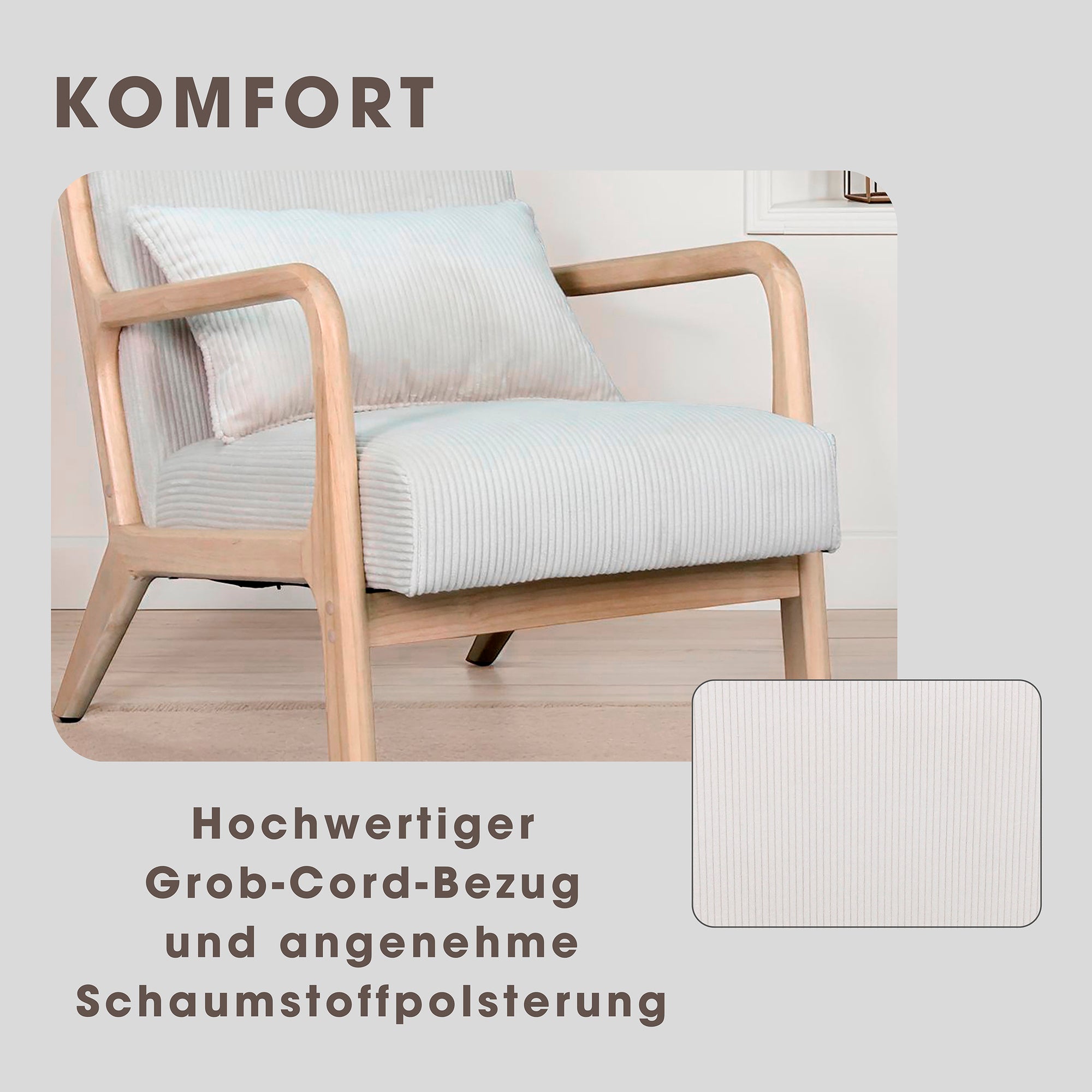 Sessel NOHR / Grob-Cord off-white oder grau / Gestell und Armlehnen Massivholz natur / B 65,5, H 78, T 84 cm