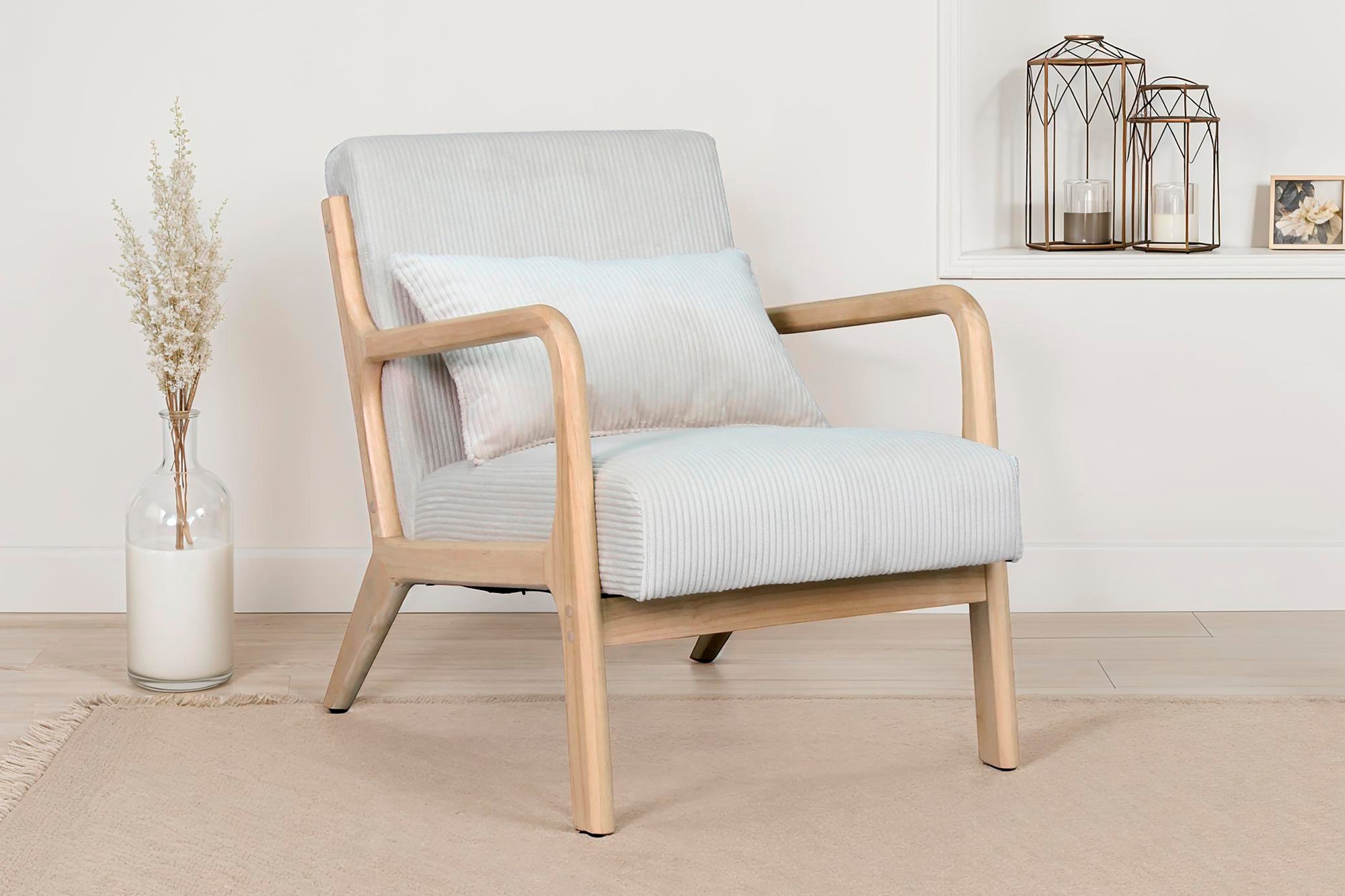 Sessel NOHR / Grob-Cord off-white oder grau / Gestell und Armlehnen Massivholz natur / B 65,5, H 78, T 84 cm