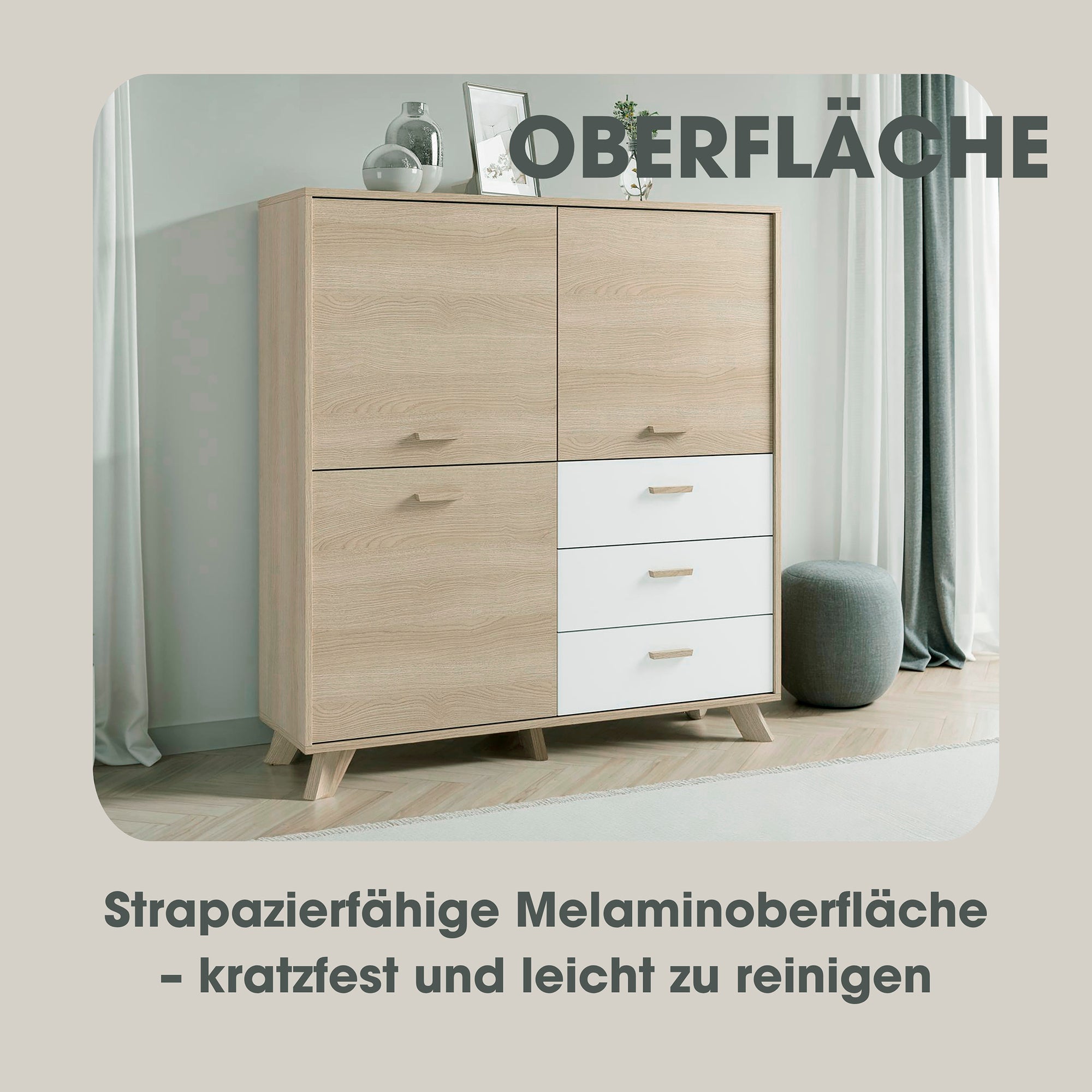 Highboard BASTIAN / Eiche bianco, weiß / Griffe und Füße Massivholz Eiche / 3 Türen, 3 Schubladen / viel Stauraum / Kommode / Schrank / Maße: B 120, H 131, T 36,5 cm