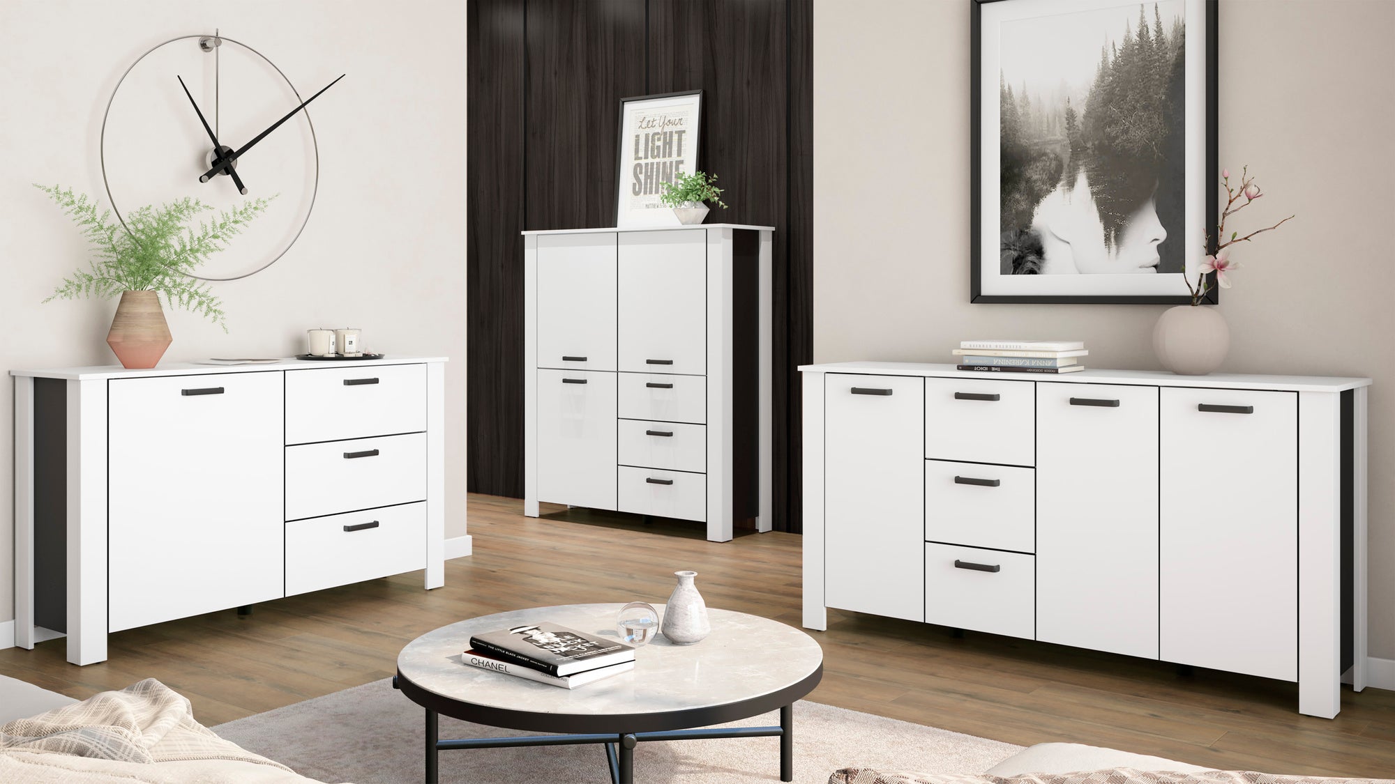 Sideboard FARO / Artisan Eiche (Eiche-Optik) oder weiß, Absetzung in schwarz / 1 Tür und 3 Schubkästen / verstellbare Einlegeböden / viel Stauraum / Kommode / Anrichte / Maße: B 140, H 84, T 40 cm