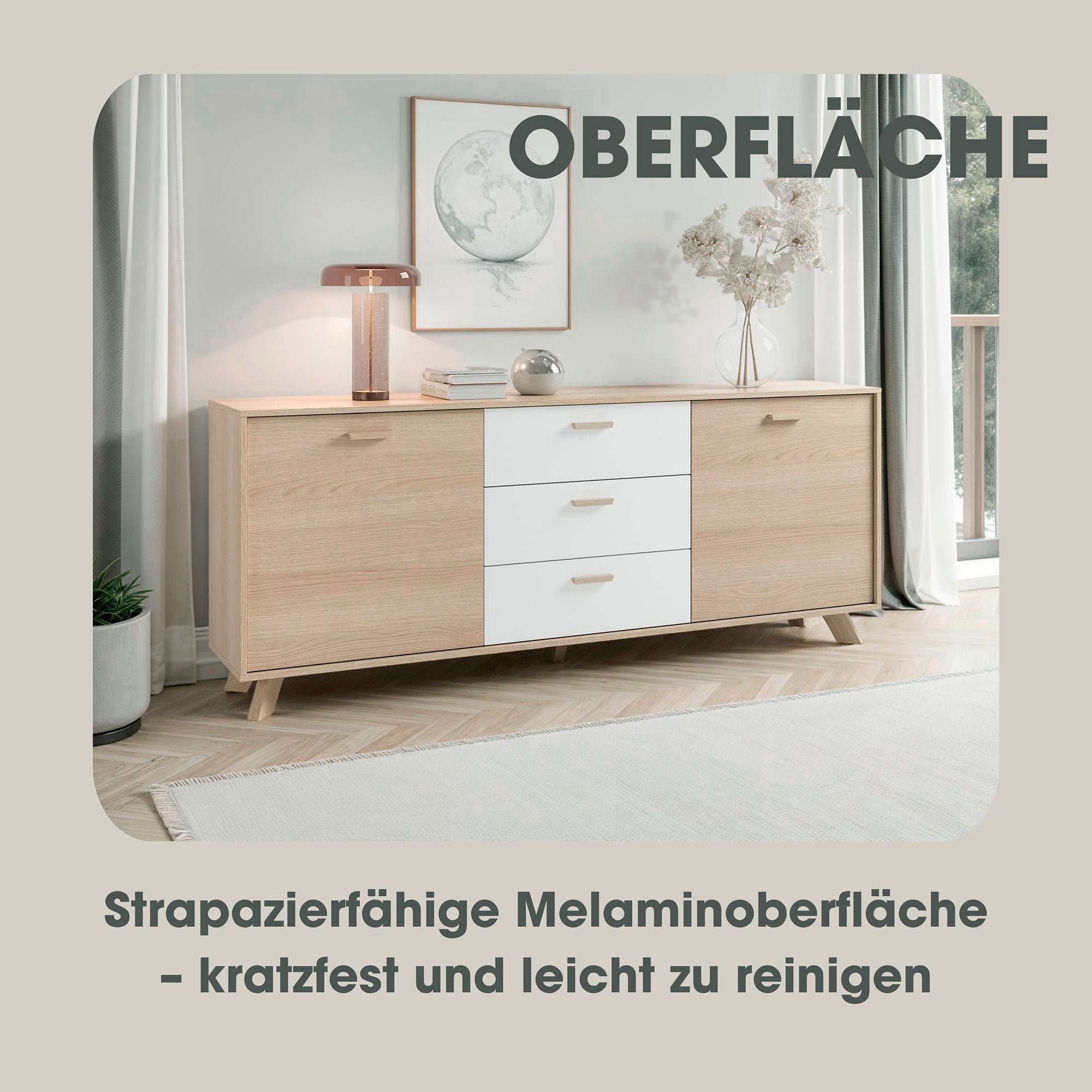 Sideboard BASTIAN / Eiche bianco, weiß / Griffe und Füße Massivholz Eiche / 3 Schubkästen und 2 Türen / viel Stauraum / Kommode / Anrichte / Maße: B 180, H 72,5, T 36,5 cm