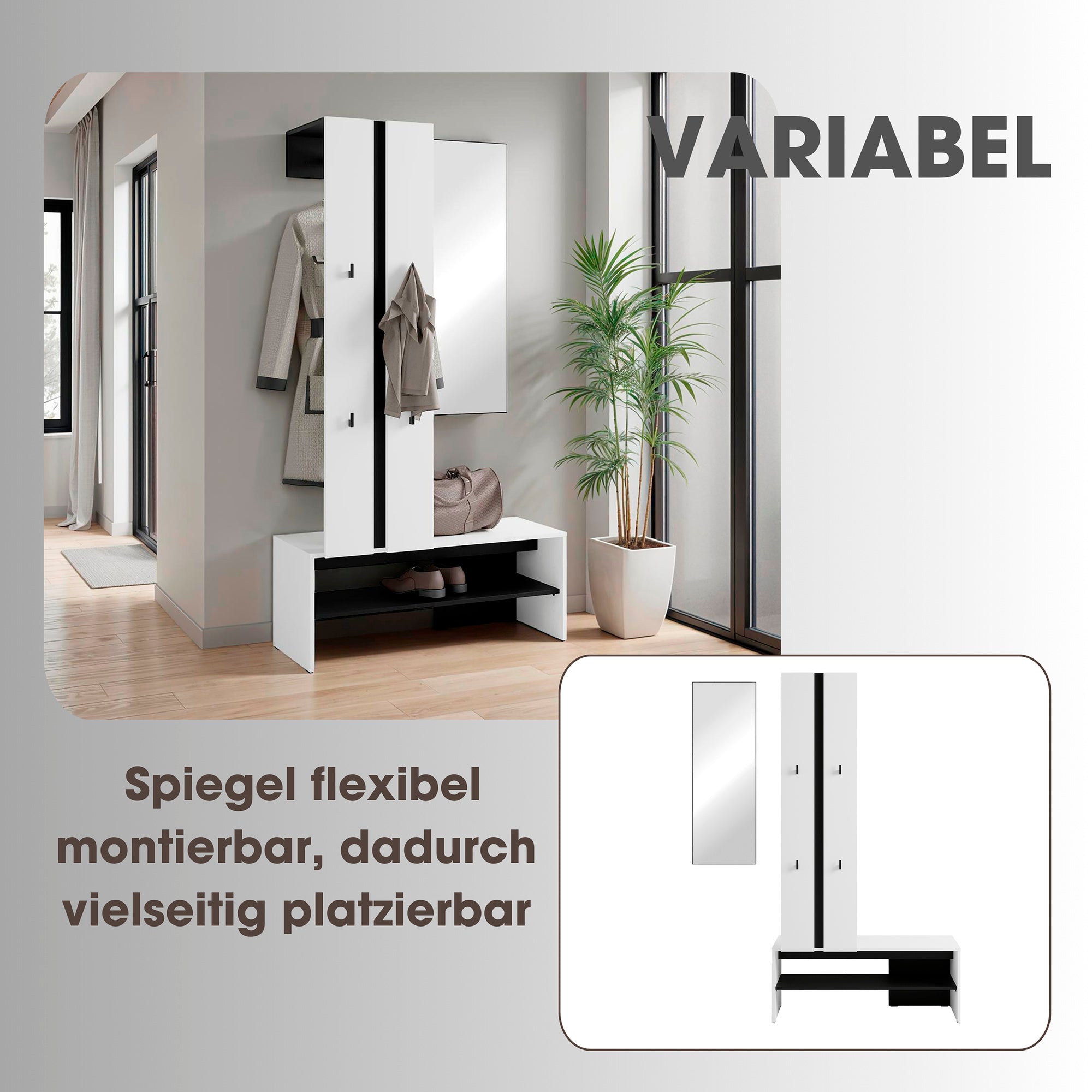 Kompaktgarderobe NANTE / Artisan Eiche (Eiche-Optik) oder weiß, Absetzung in schwarz / Spiegel, Kleiderstange, offene Fächer / Garderobenmöbel / Flurgarderobe / Maße: B 100, H 186, T 40 cm