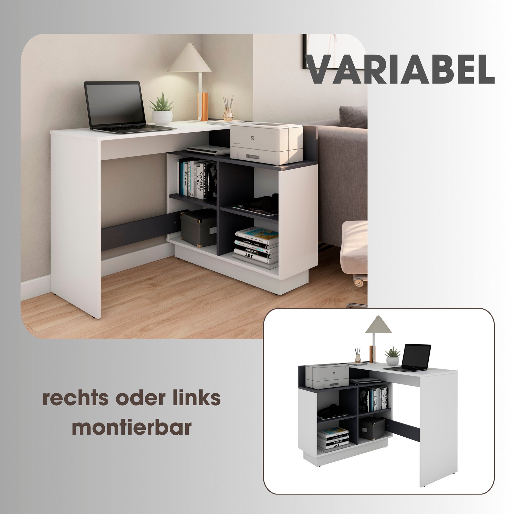Schreibtisch BERNI / Gaming-Tisch in weiß oder Artisan Eiche (Eiche-Optik) mit graphit / Mit viel Stauraum und großer Tischplatte / Computer-Tisch / PC / Arbeits-Tisch / rechts-links montierbar / B 102, H 77,5, T 80 cm