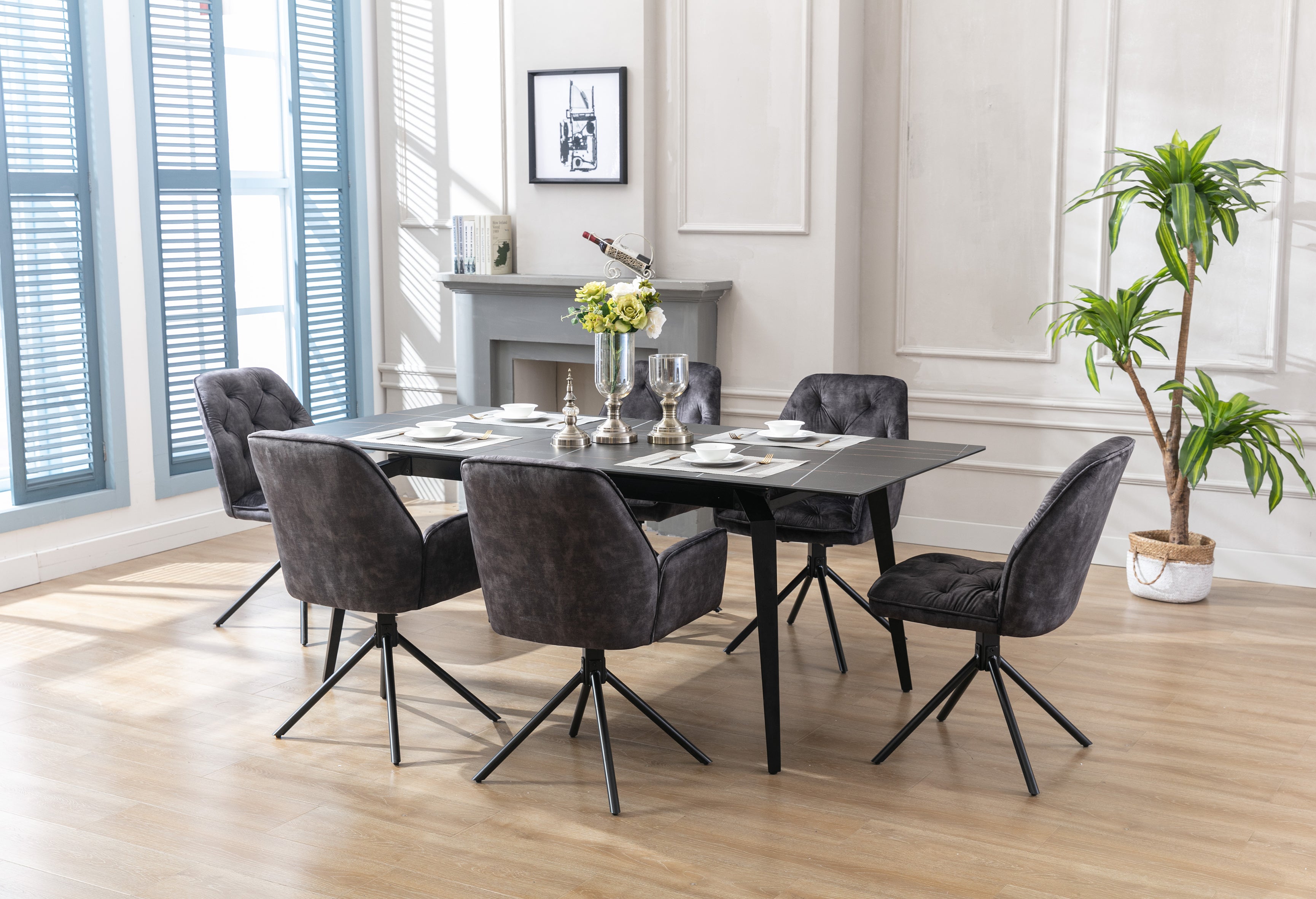 Esszimmerstuhl 2er Set SARINA/ Vintage-Samt anthrazit oder beige / Gestell Metall schwarz / Sitzschale 360° drehbar / Küchenstuhl / Armlehnstuhl / B 59,5, H 89, T 62 cm